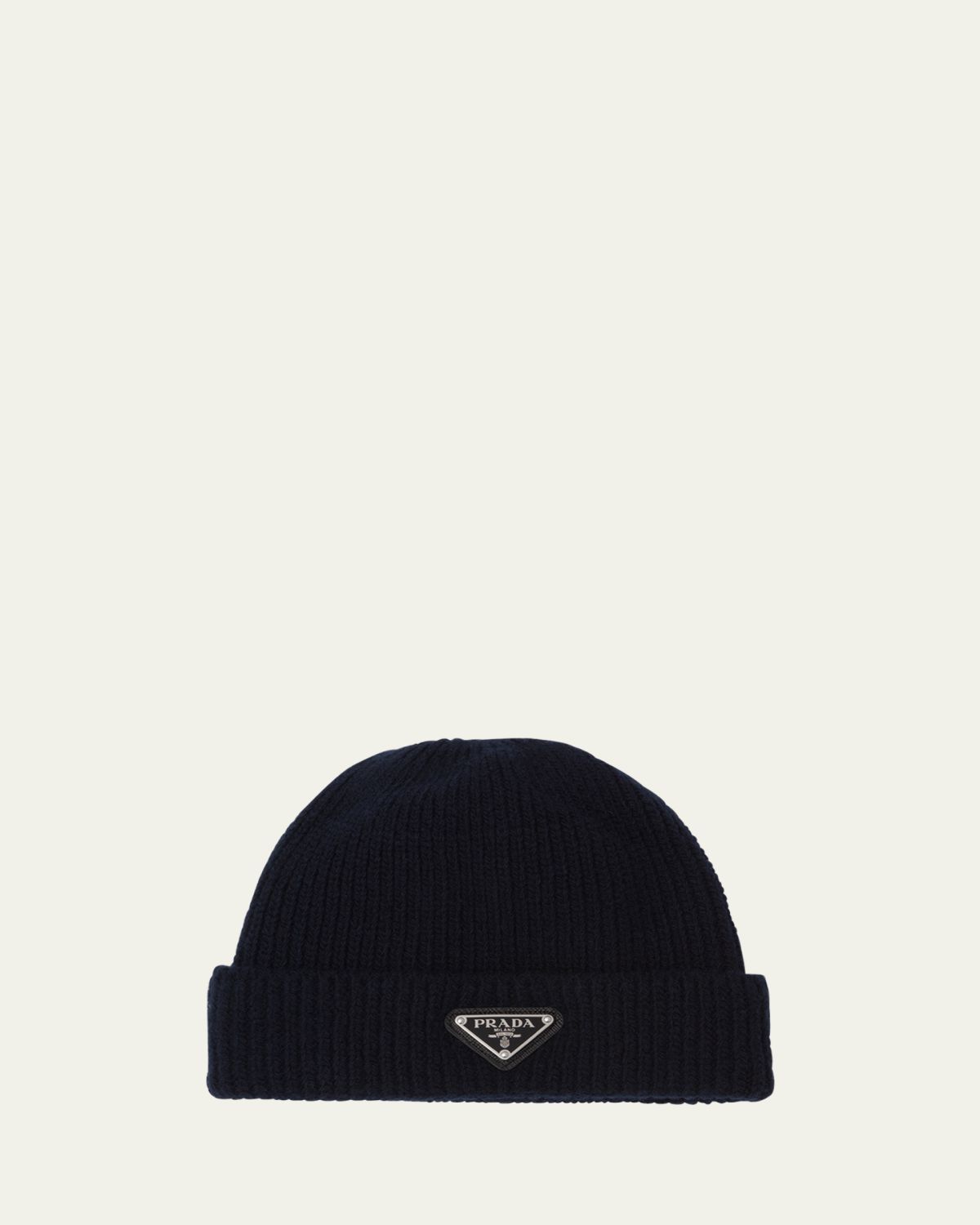 Prada Men's Wool-Cashmere Ribbed Beanie Hat with Symbole