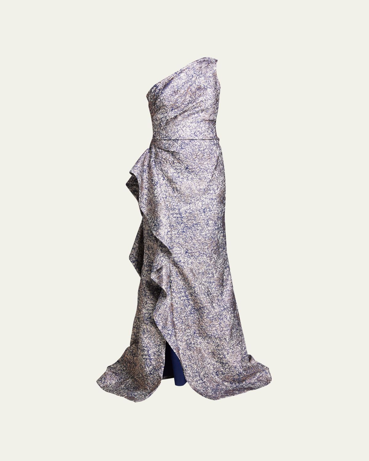 Rickie Freeman for Teri Jon One-Shoulder Jacquard Side-Ruffle Gown | Thumbnail 6