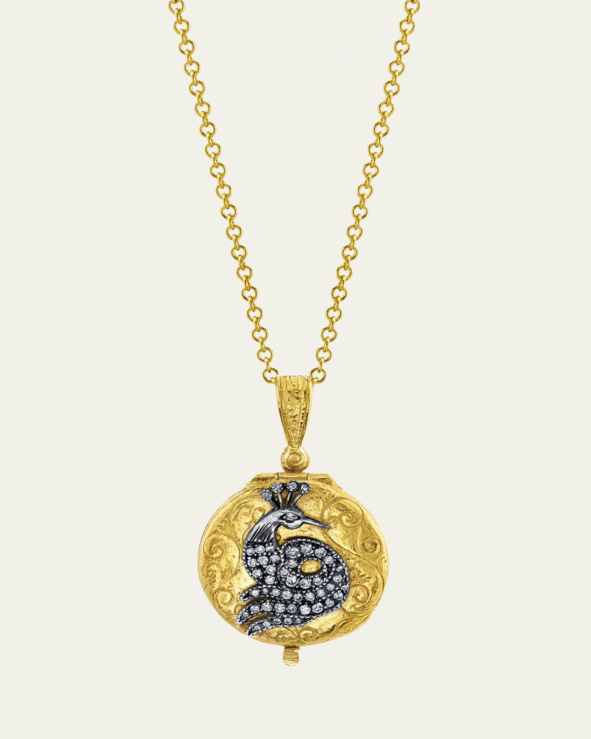 Arman Sarkisyan Small Round Locket Necklace with Diamond Peacock