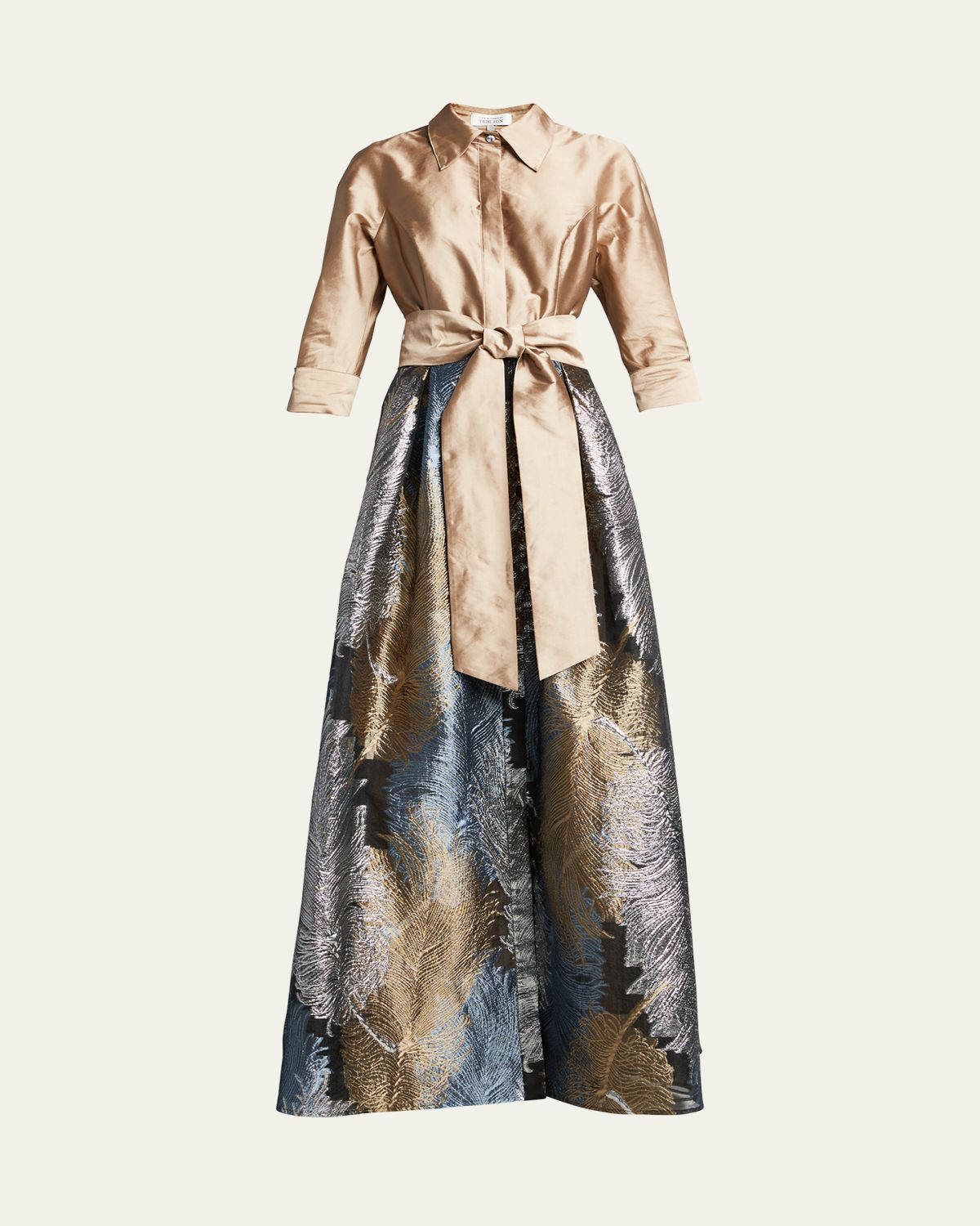 Rickie Freeman for Teri Jon Taffeta Shirtdress w/ Feather Metallic Jacquard