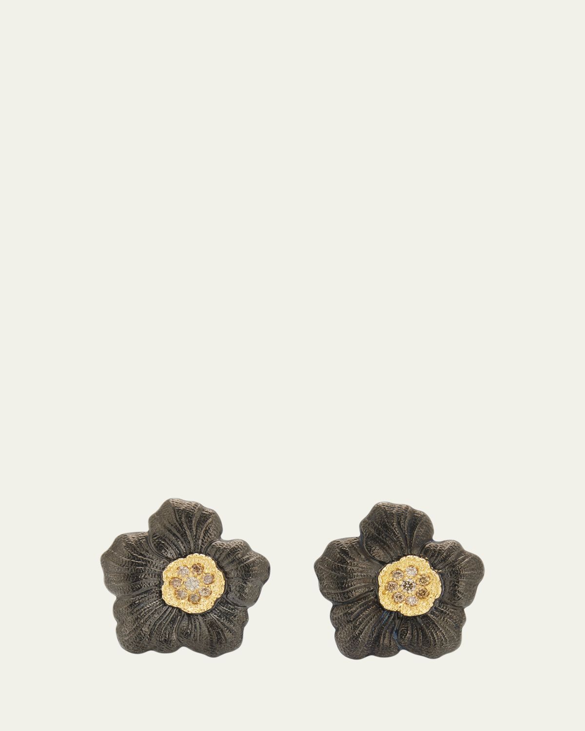 Buccellati Blossom Gardenia Burnished Silver, Gold, Brown Diamond Stud Earring