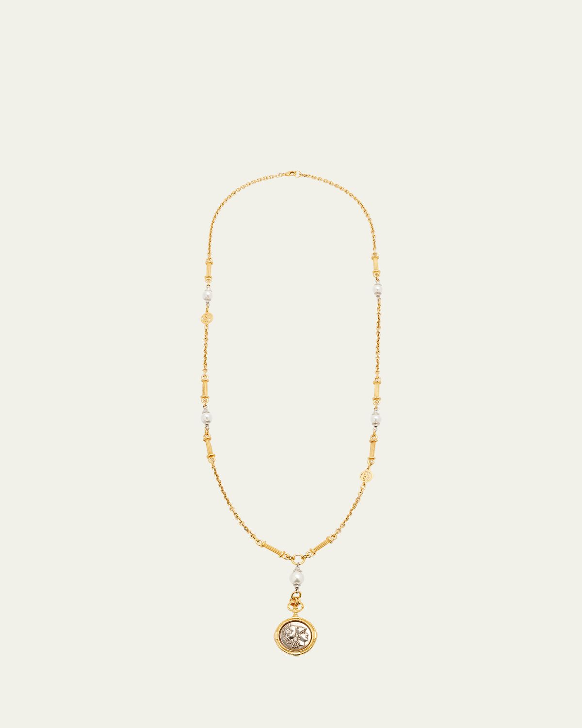 Ben-Amun Long Gold Pearly Necklace with Coin Pendant