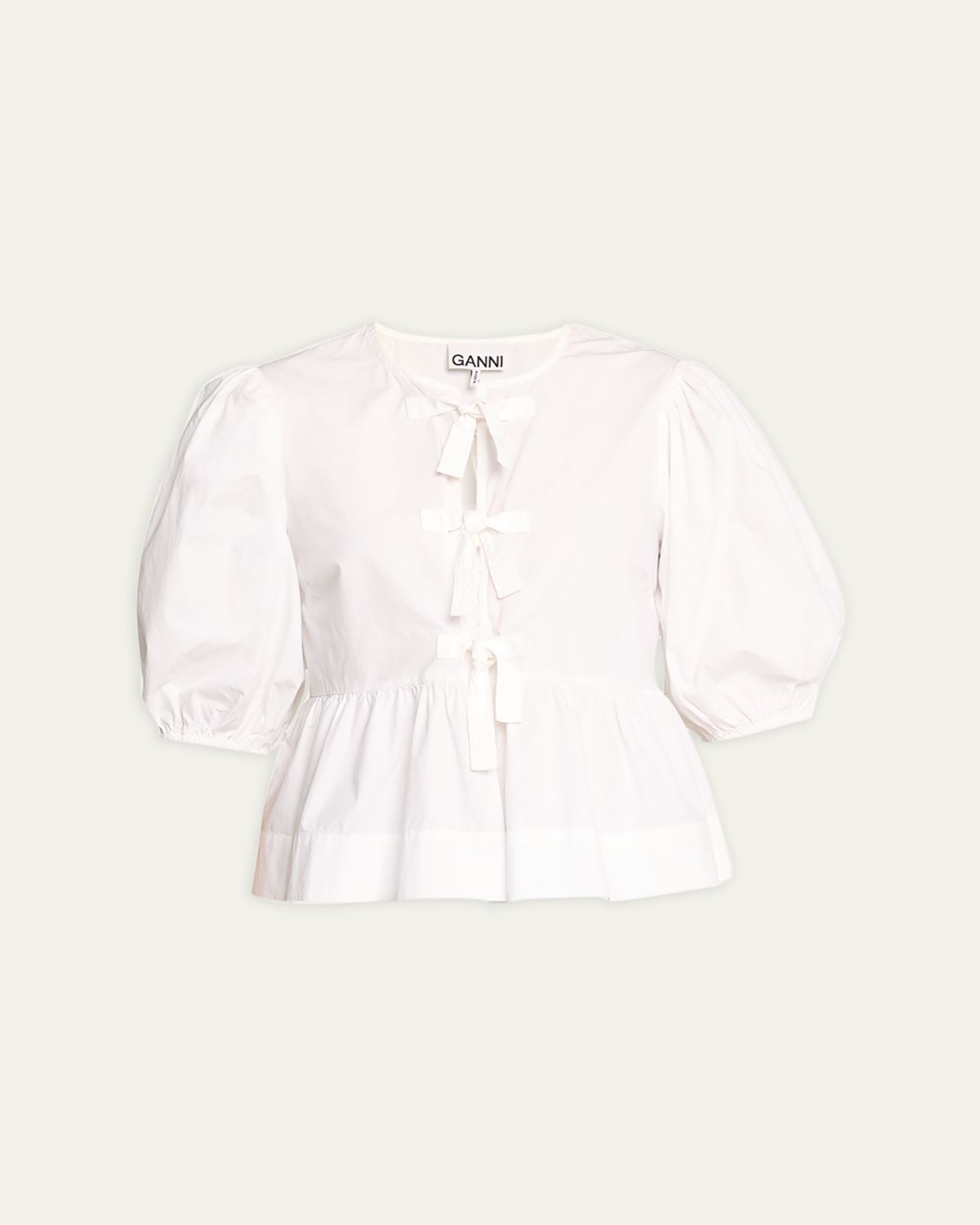 Ganni Poplin Front-Tie Peplum Blouse with Puffed-Sleeves | Thumbnail 5