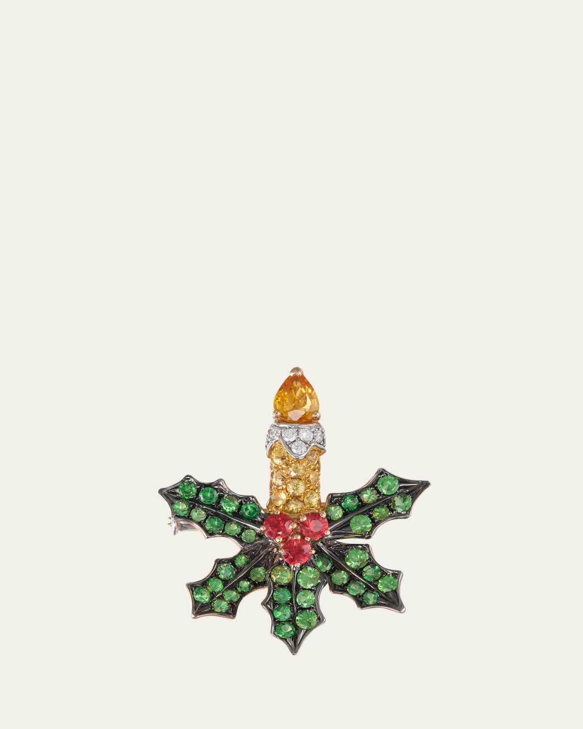 Mio Harutaka White Gold Holly Jolly Brooch with Diamonds, Sapphires, Garnets, and Rubies