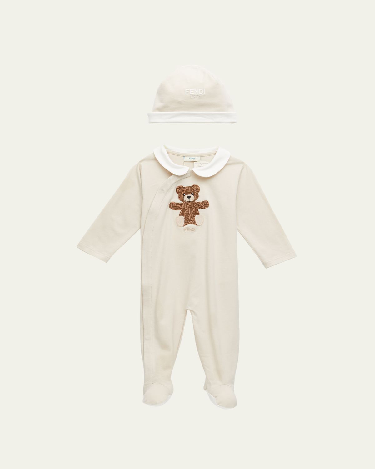 Fendi BABY FOOTIE AND HAT SET WITH ORIGINAL FF BEAR PRINT