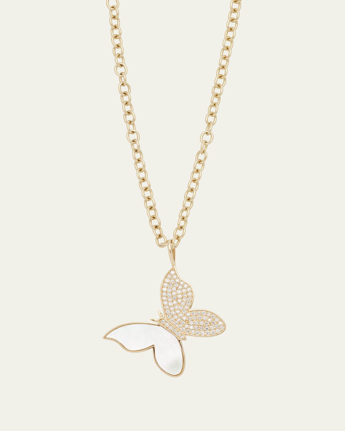 Sydney Evan 14K Yellow Gold Large Butterfly Charm Necklace with Pearl Inlay and Diamonds