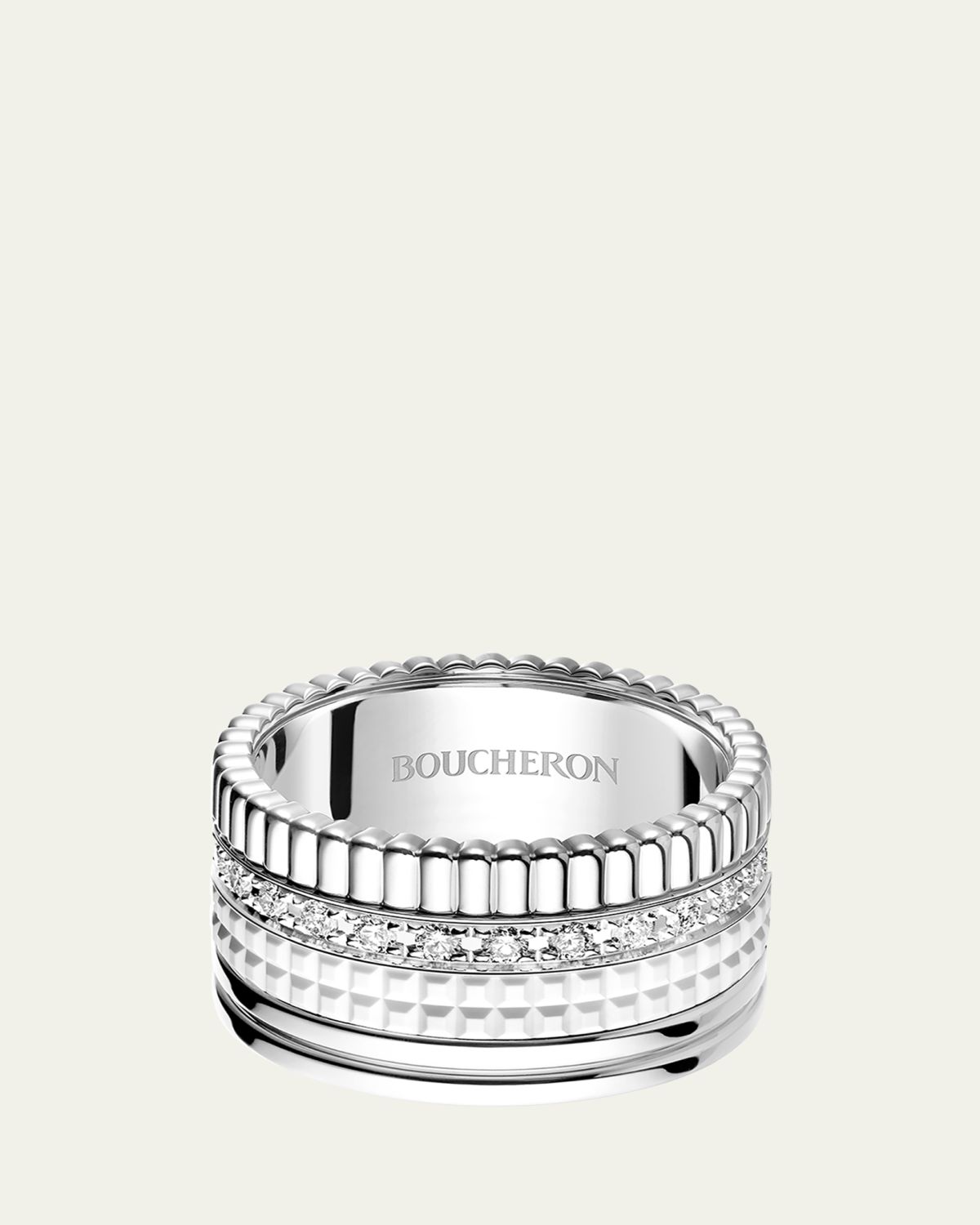 Boucheron 18K White Gold Large Quatre Double Ring with White HyCeram and Diamonds