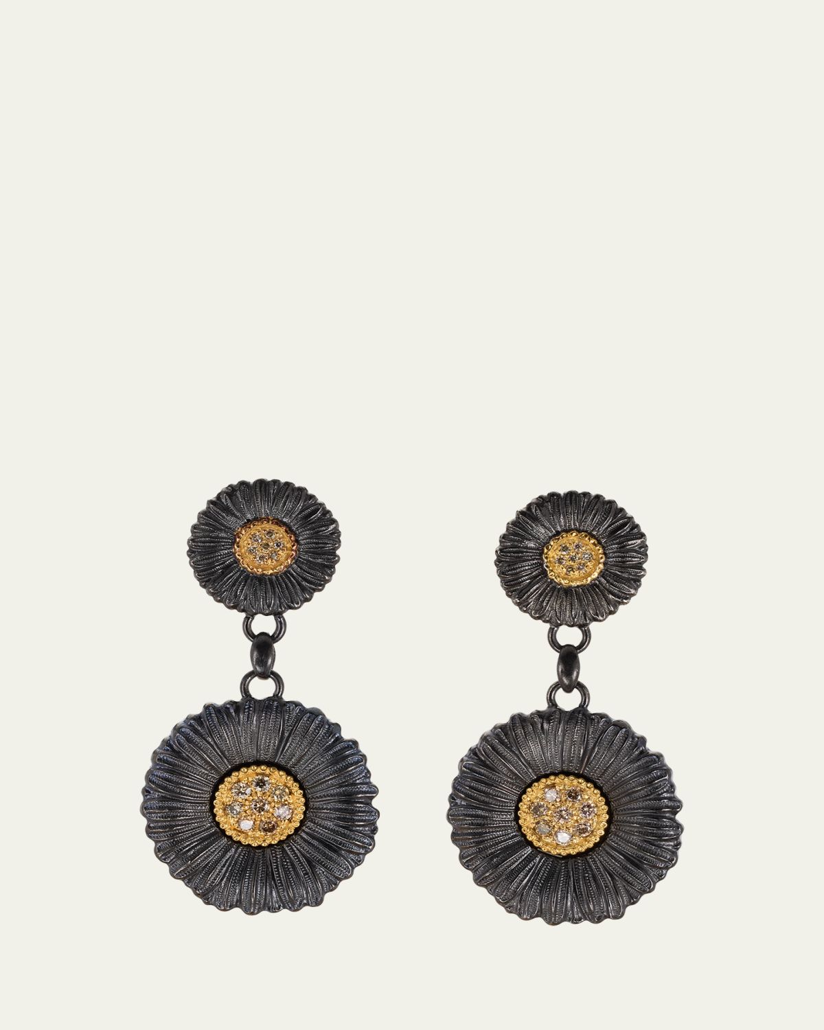 Buccellati Blossoms Daisy Burnished Sterling Silver and 18K Yellow Gold Diamond Pendant Earrings