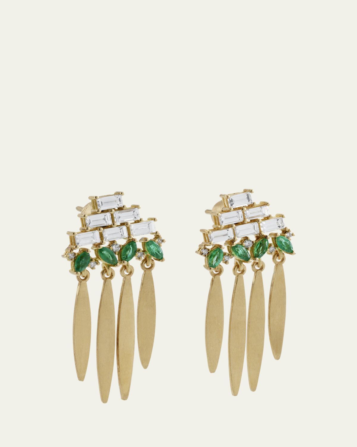 ILEANA MAKRI 18K Yellow Gold Grass Spike Earrings with Diamonds and Emeralds