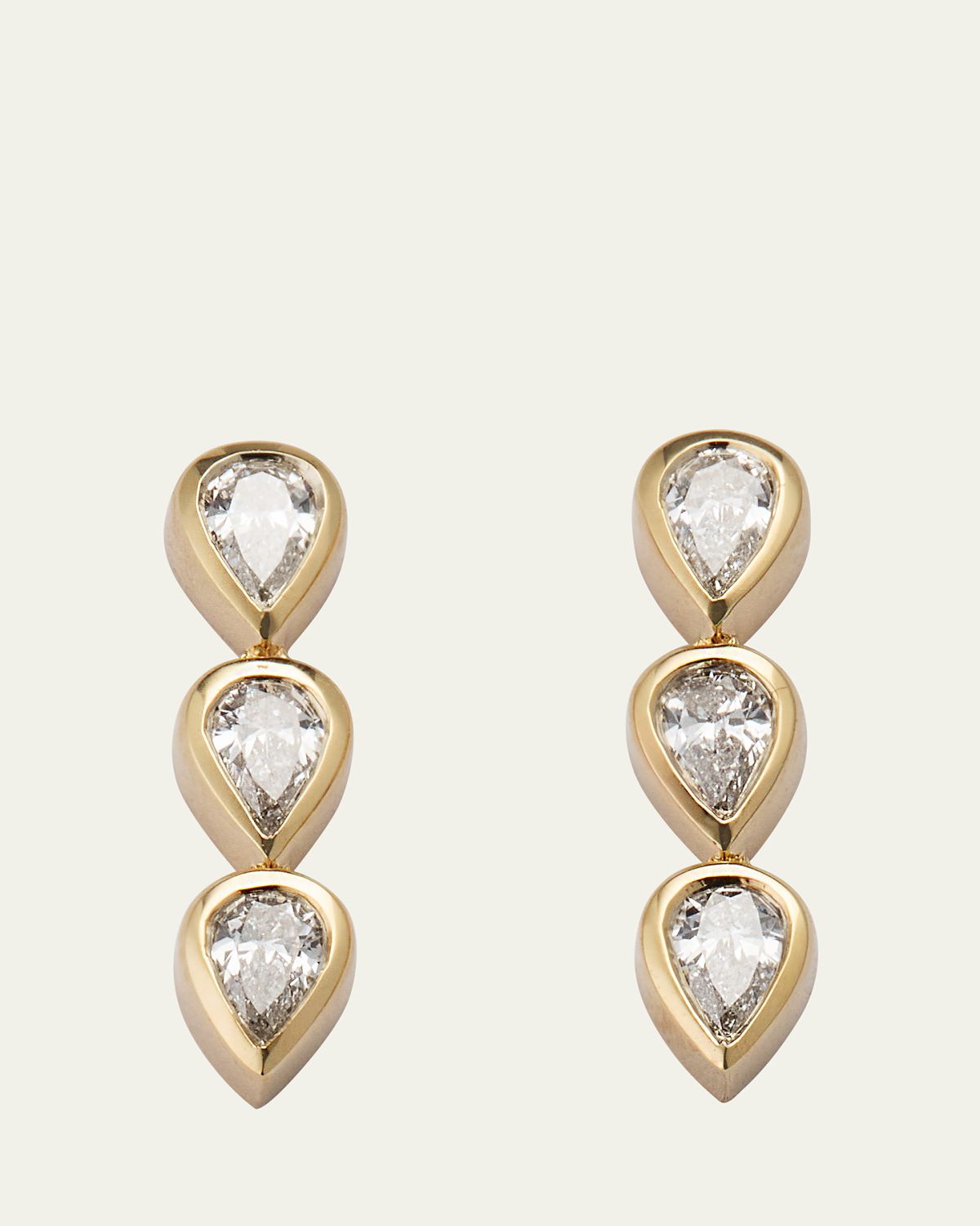 EF Collection 14K Yellow Gold Bezel Set Triple Diamonnd Pear Stud Earrings