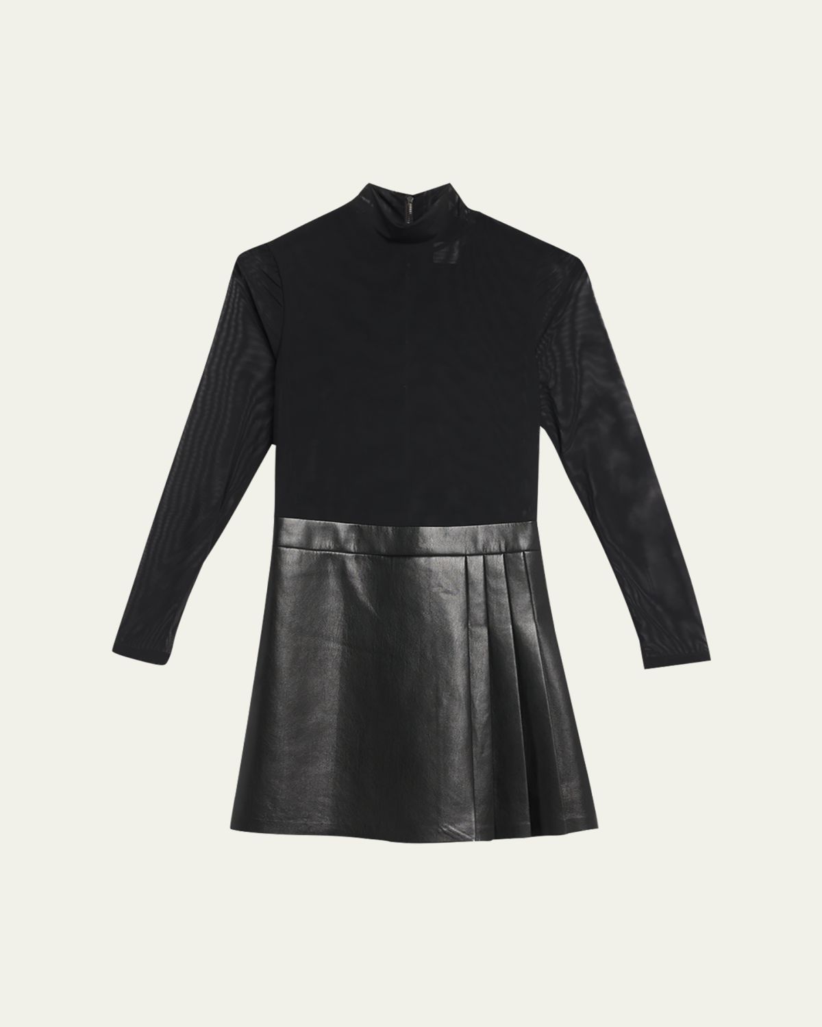 ALICE + OLIVIA Chara Long-Sleeve Vegan Leather Pleated Mini Dress