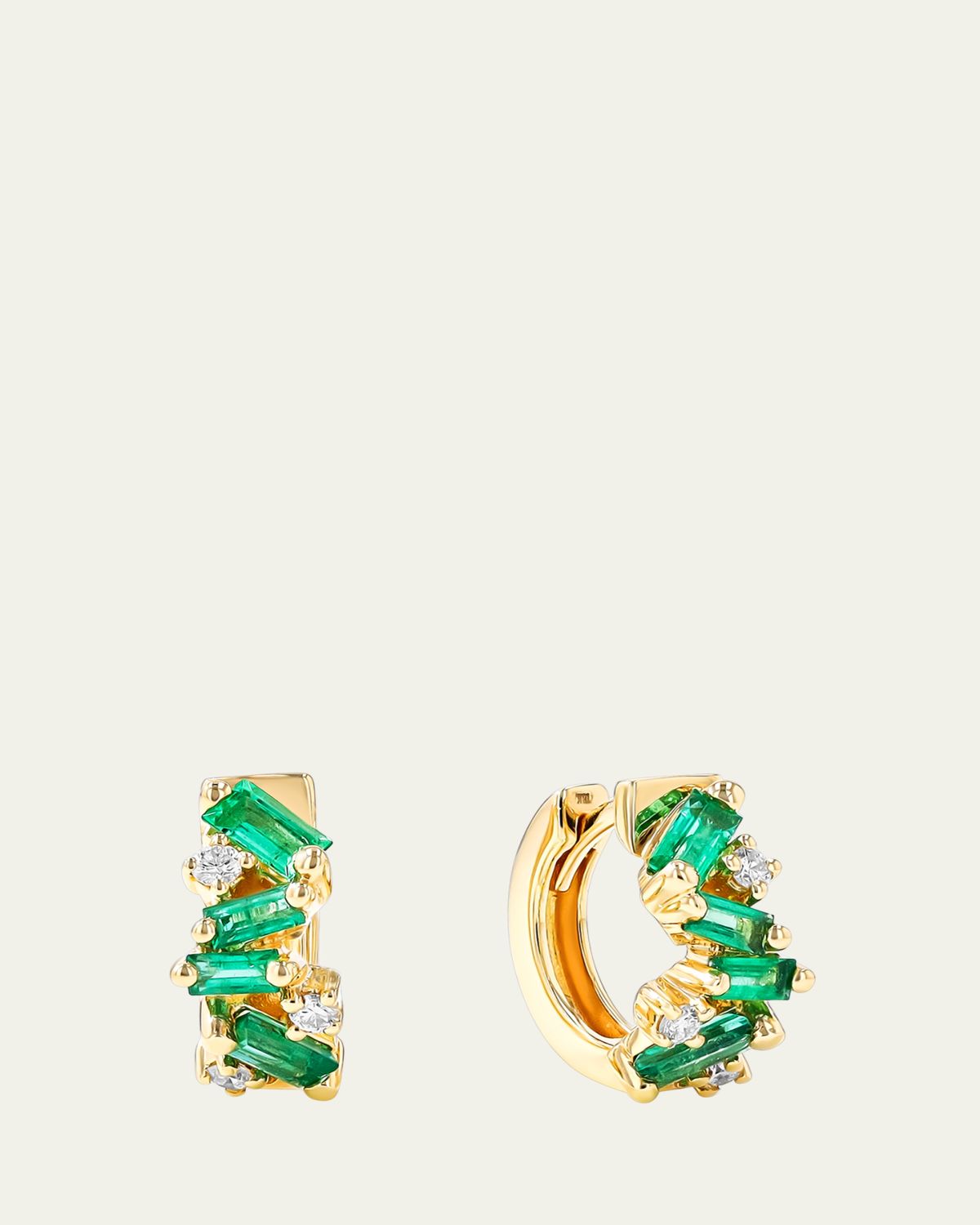 Suzanne Kalan 18k Yellow Gold Fireworks Emerald & Diamond Huggie Earrings