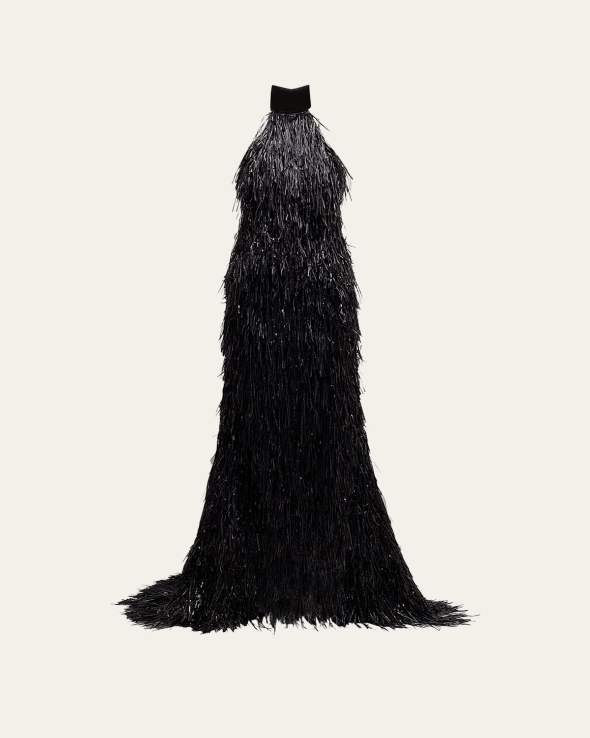 LaQuan Smith Mock-Neck Halter Fringe Gown