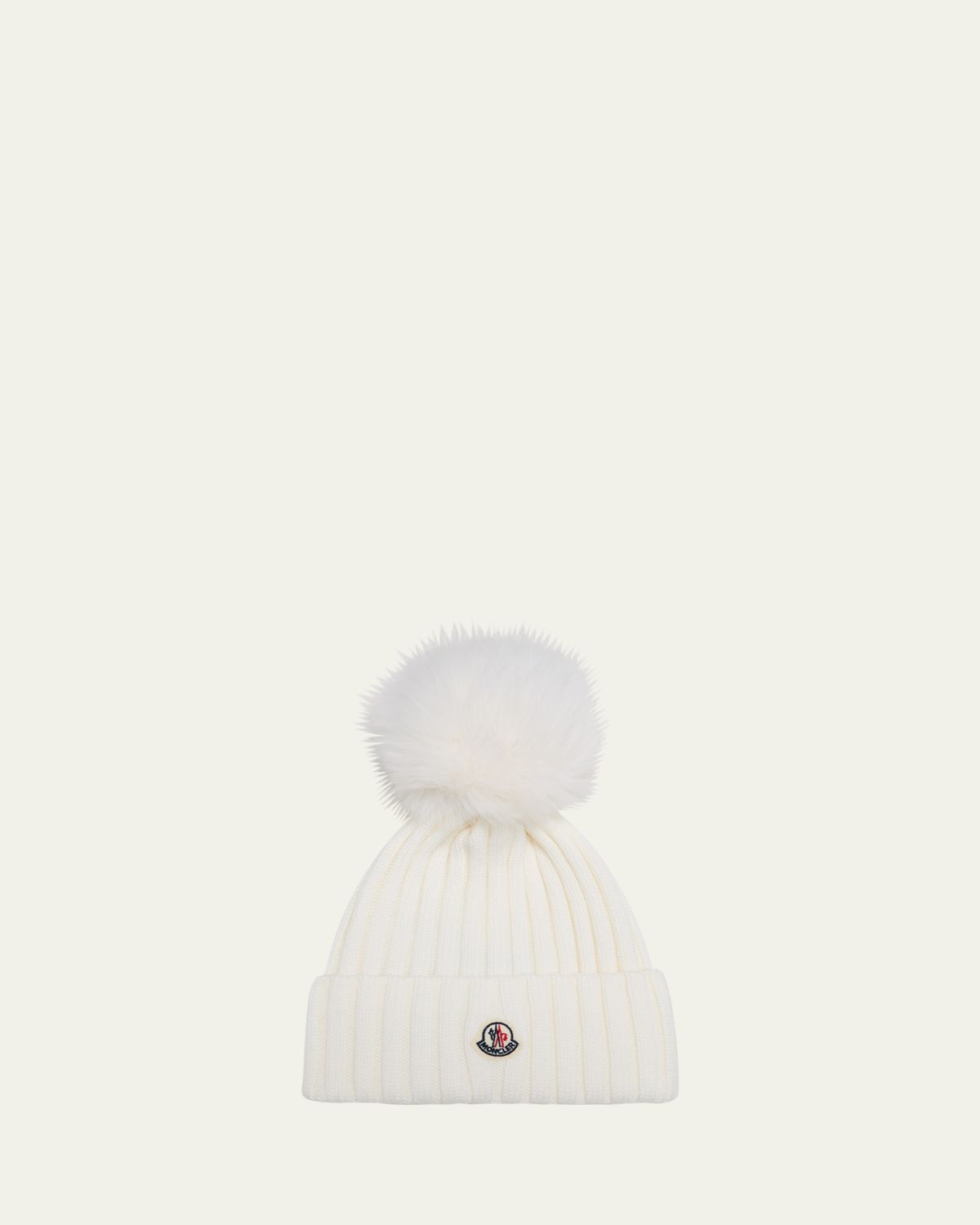 Moncler Ribbed Wool Beanie with Faux Fur Pom