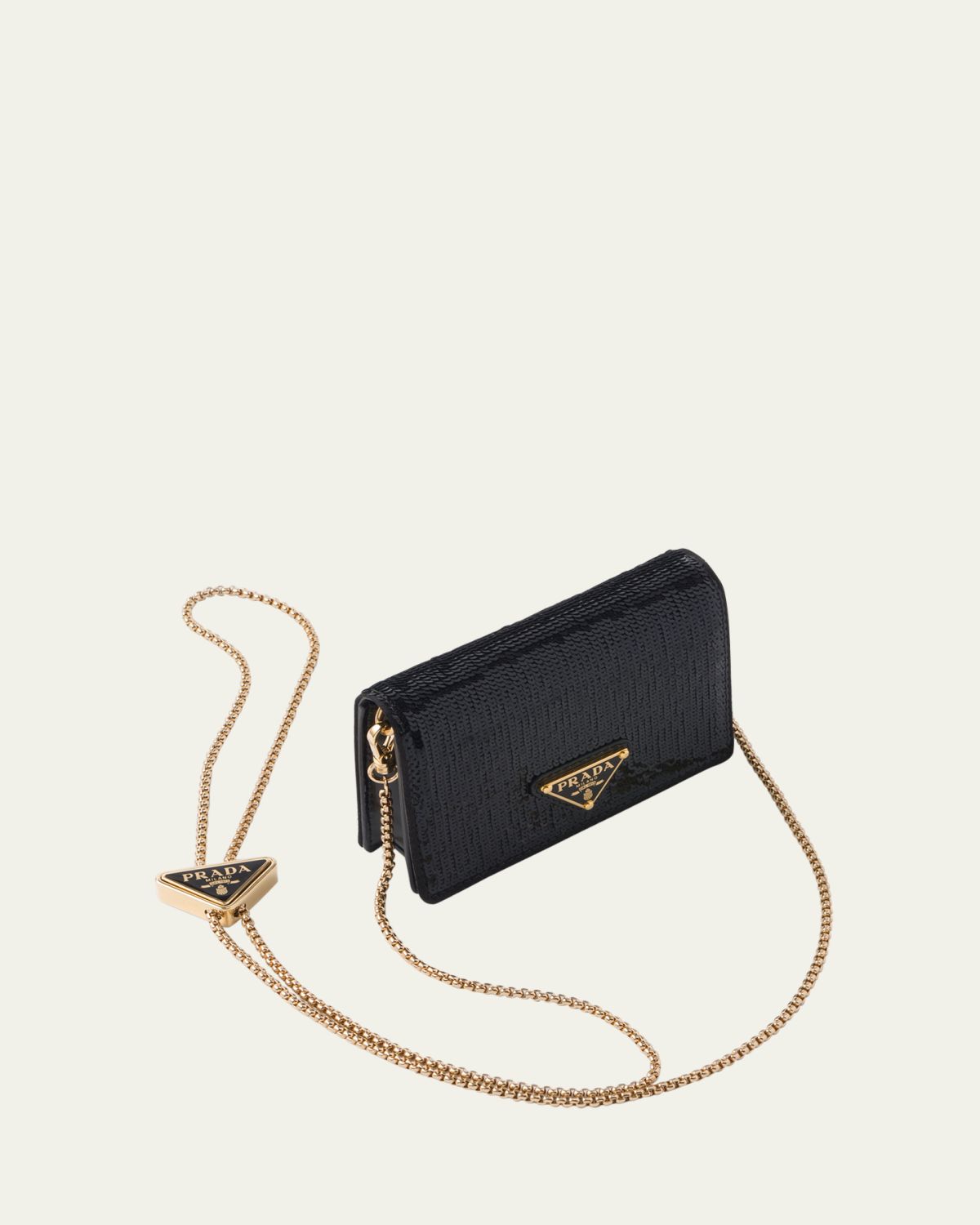 Prada Triangle Logo Sequin Card Holder with Chain Strap