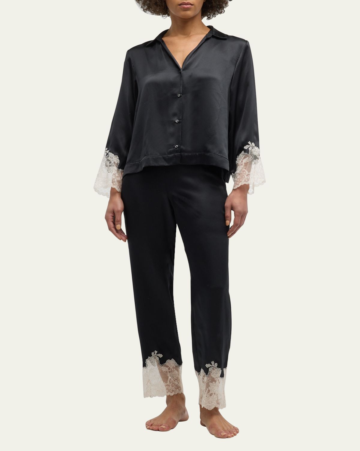 Josie Natori Lolita Cropped Lace-Trim Charmeuse Pajama Set | Thumbnail 2