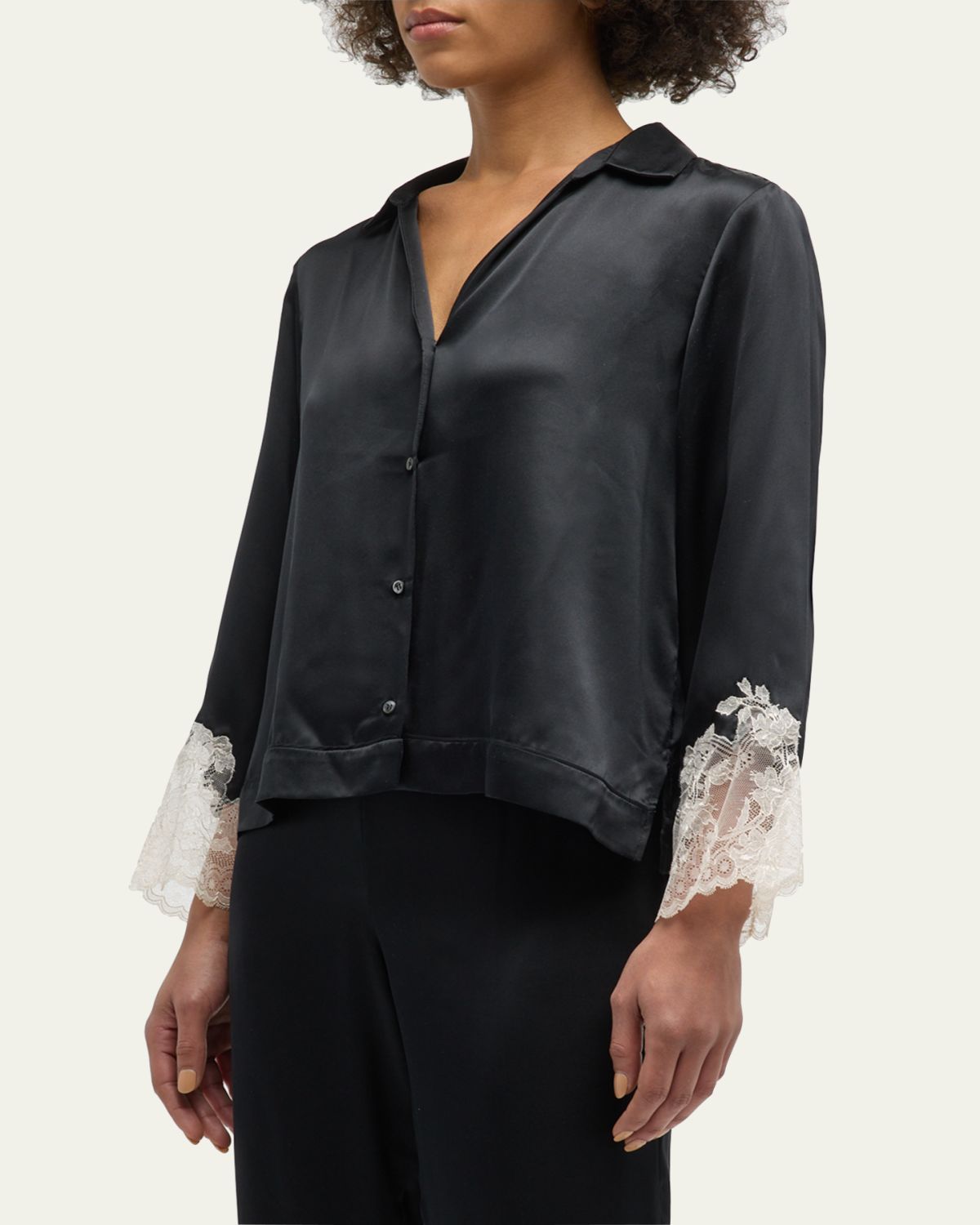 Josie Natori Lolita Cropped Lace-Trim Charmeuse Pajama Set | Thumbnail 4
