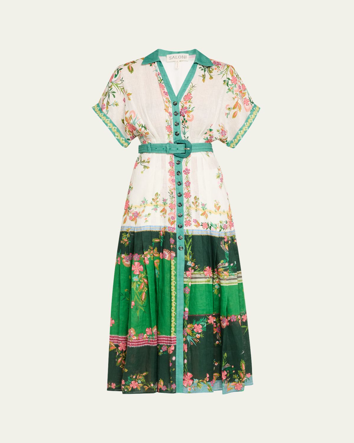 Saloni Riya-B Belted Floral Linen Maxi Shirt Dress
