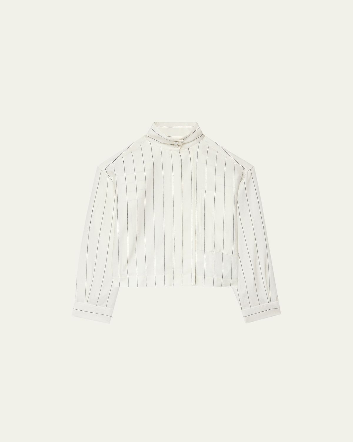 Another Tomorrow Stripe Stand-Collar Crop Linen Shirt