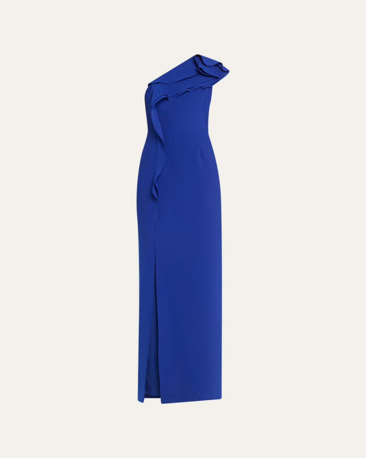 Rickie Freeman for Teri Jon Ruffle One-Shoulder Crepe Column Gown