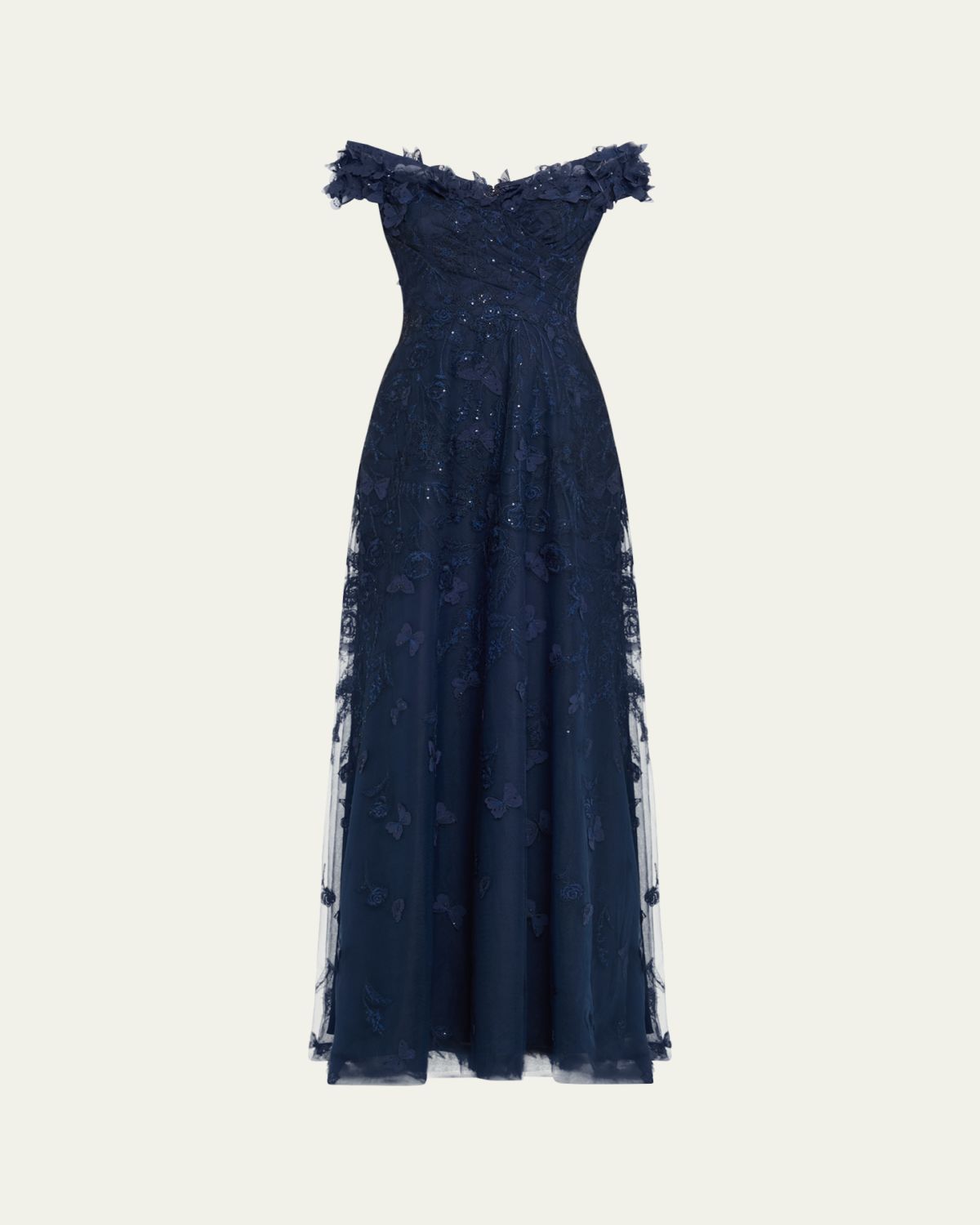 Rickie Freeman for Teri Jon Off-Shoulder Floral-Embroidered Tulle Gown