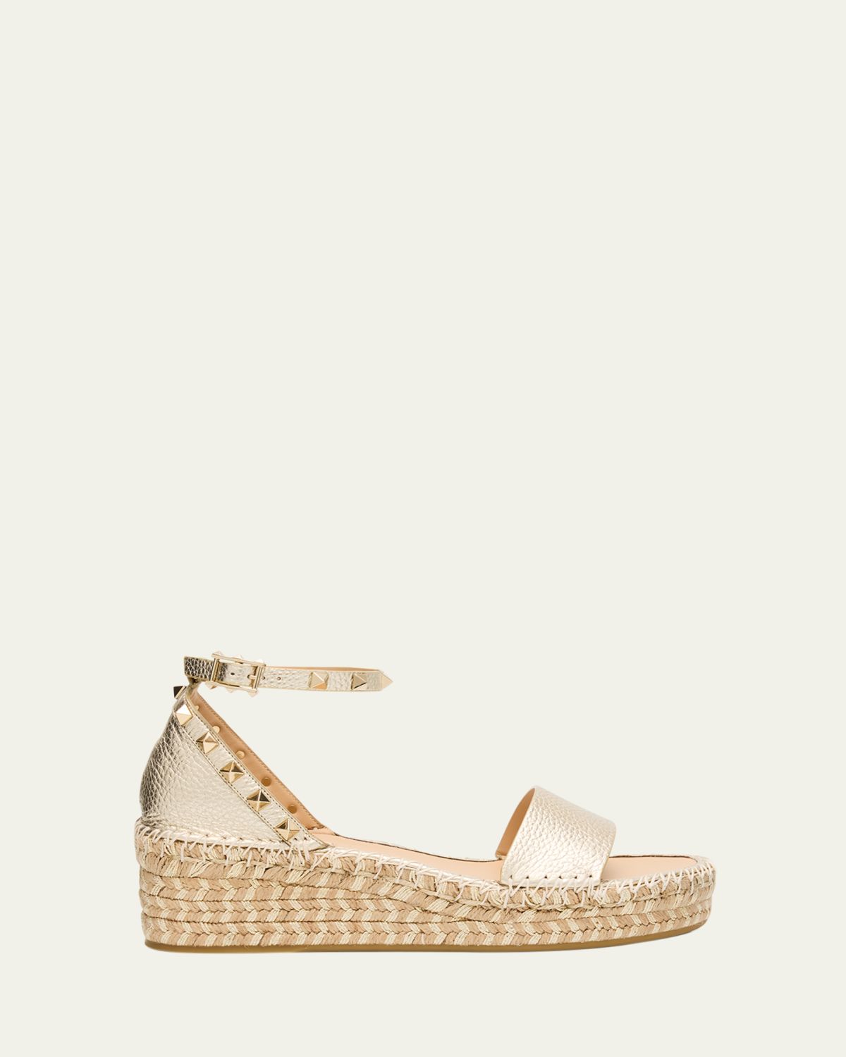 Valentino Garavani Rockstud Metallic Ankle-Strap Flatform Espadrilles