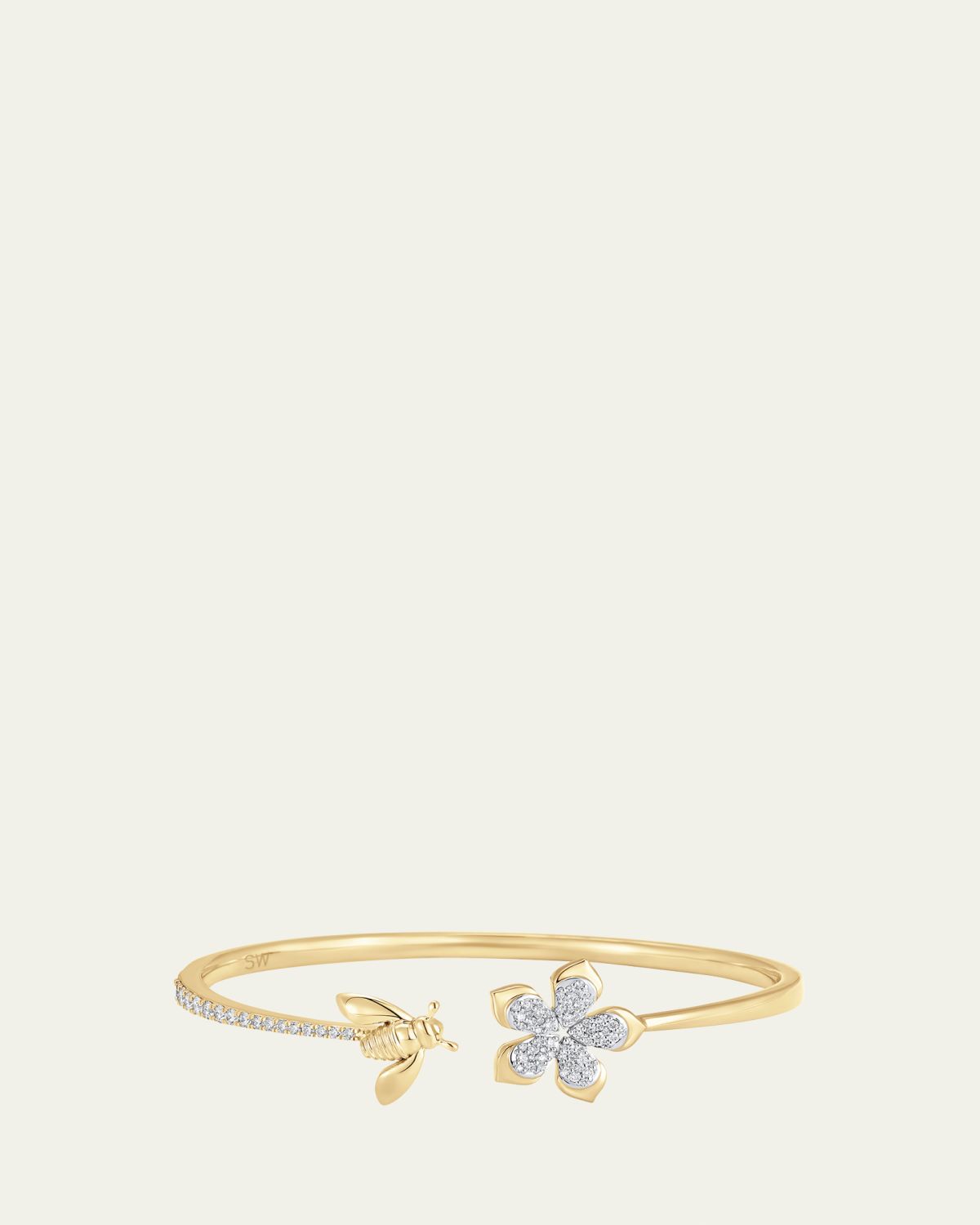 Sara Weinstock 18K Two-Tone Gold Queen Bee Diamond Partial Flower And Bee Open Bangle Cuff