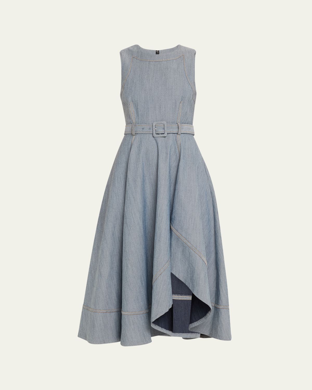 Cinq a Sept Zelda Belted Asymmetric Sleeveless Denim Midi Dress