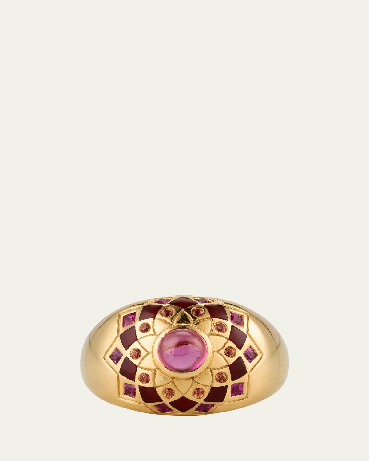 Orly Marcel 18K Yellow Gold Temple Mandala Dome Ring with Carnelian, Sapphires and Pink Tourmaline, Size