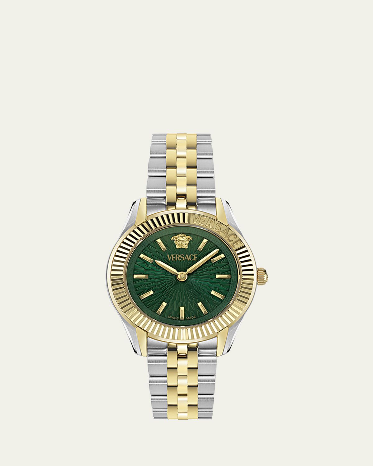 Versace 30mm Greca Time Watch with Bracelet Strap, Two Tone/Green