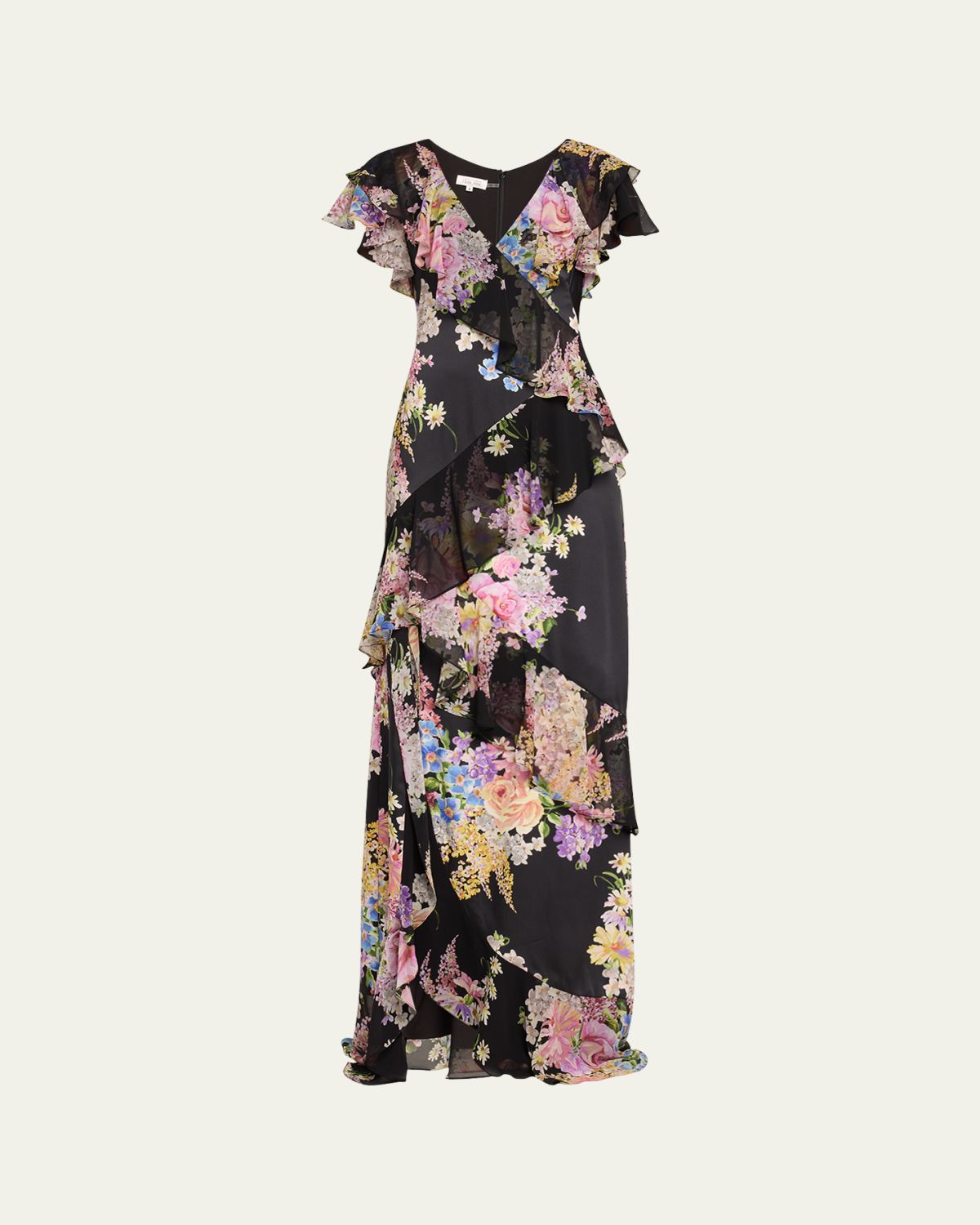 Rickie Freeman for Teri Jon Floral-Print Ruffle Chiffon Gown