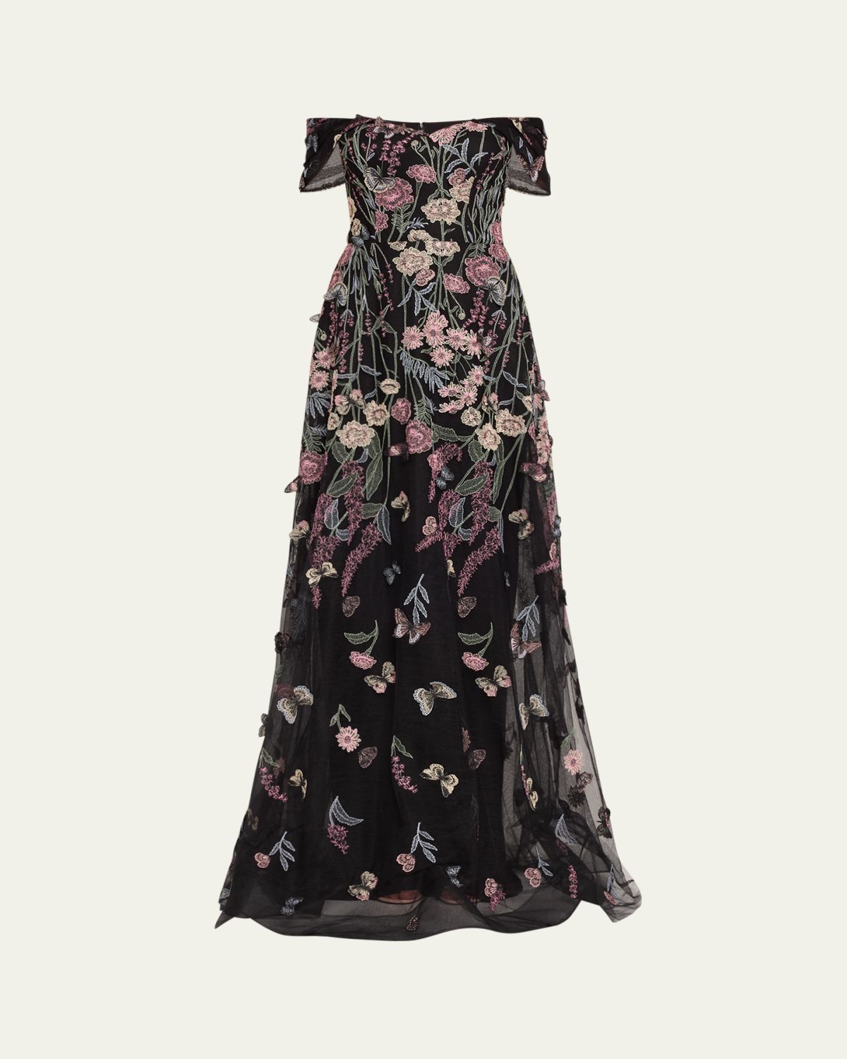 Rickie Freeman for Teri Jon Off-Shoulder Embroidered Tulle Gown