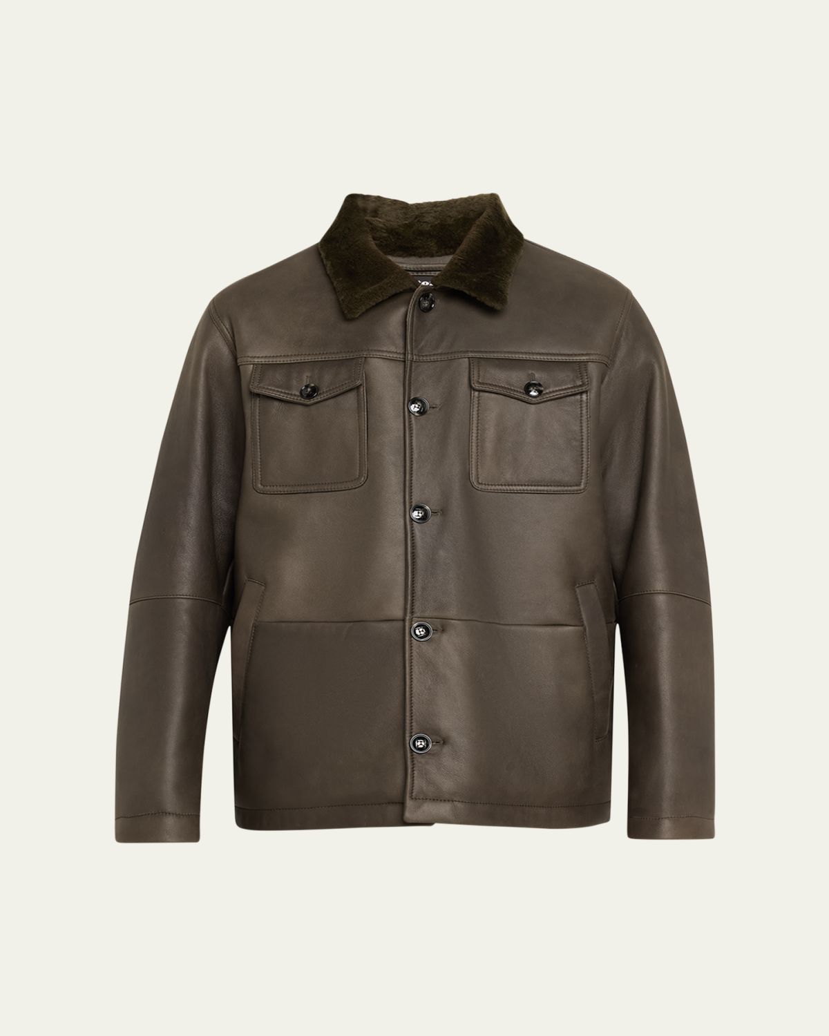 Kiton Men's Leather Shearling-Collar Shirt Jacket