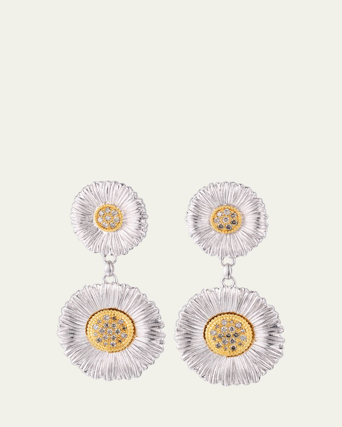 Buccellati Blossoms Daisy Sterling Silver and 18K Yellow Gold Diamond Pendant Earrings, 7cm