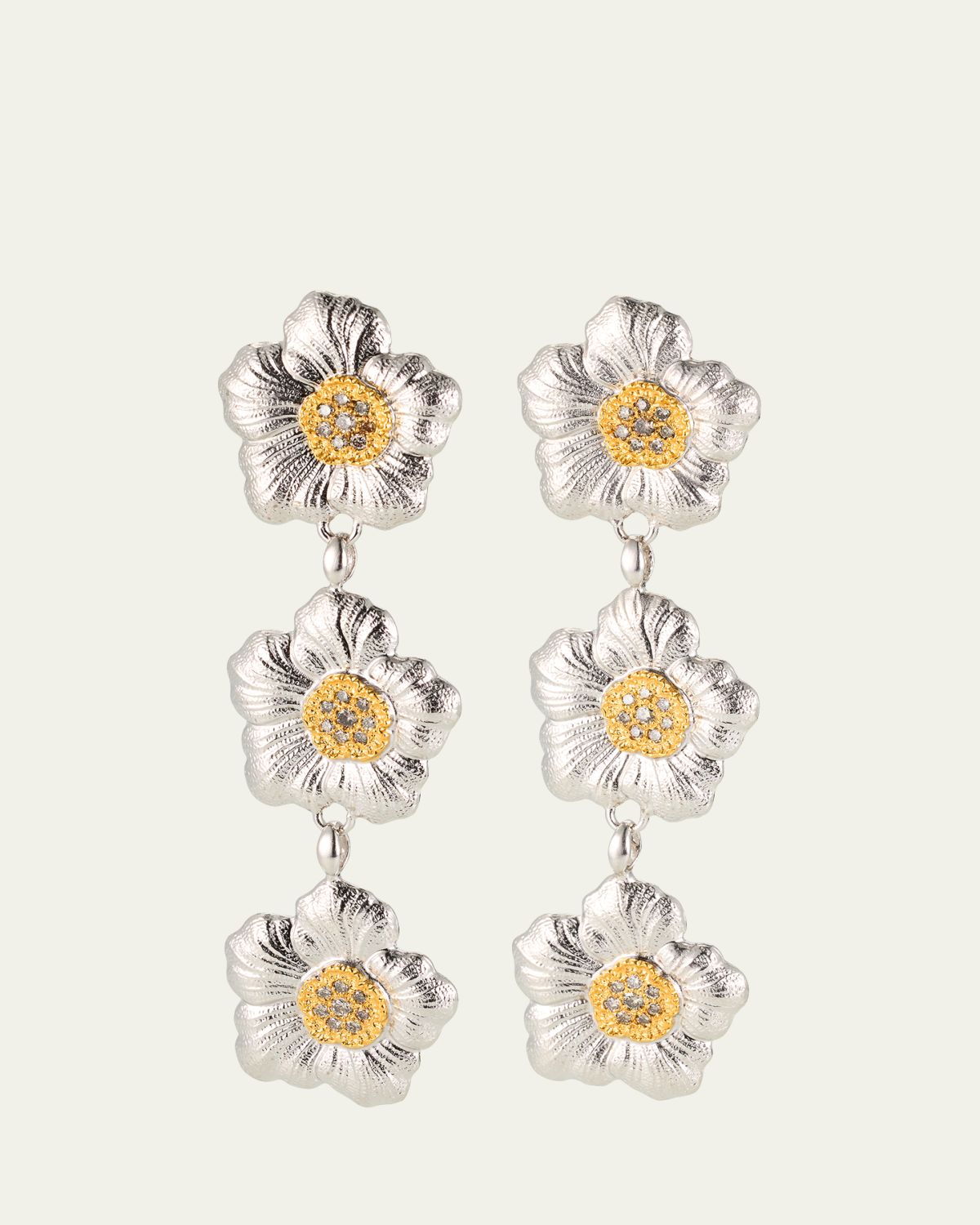 Buccellati Blossoms Gardenia Sterling Silver and 18K Yellow Gold Diamond Triple Drop Earrings | Thumbnail 5