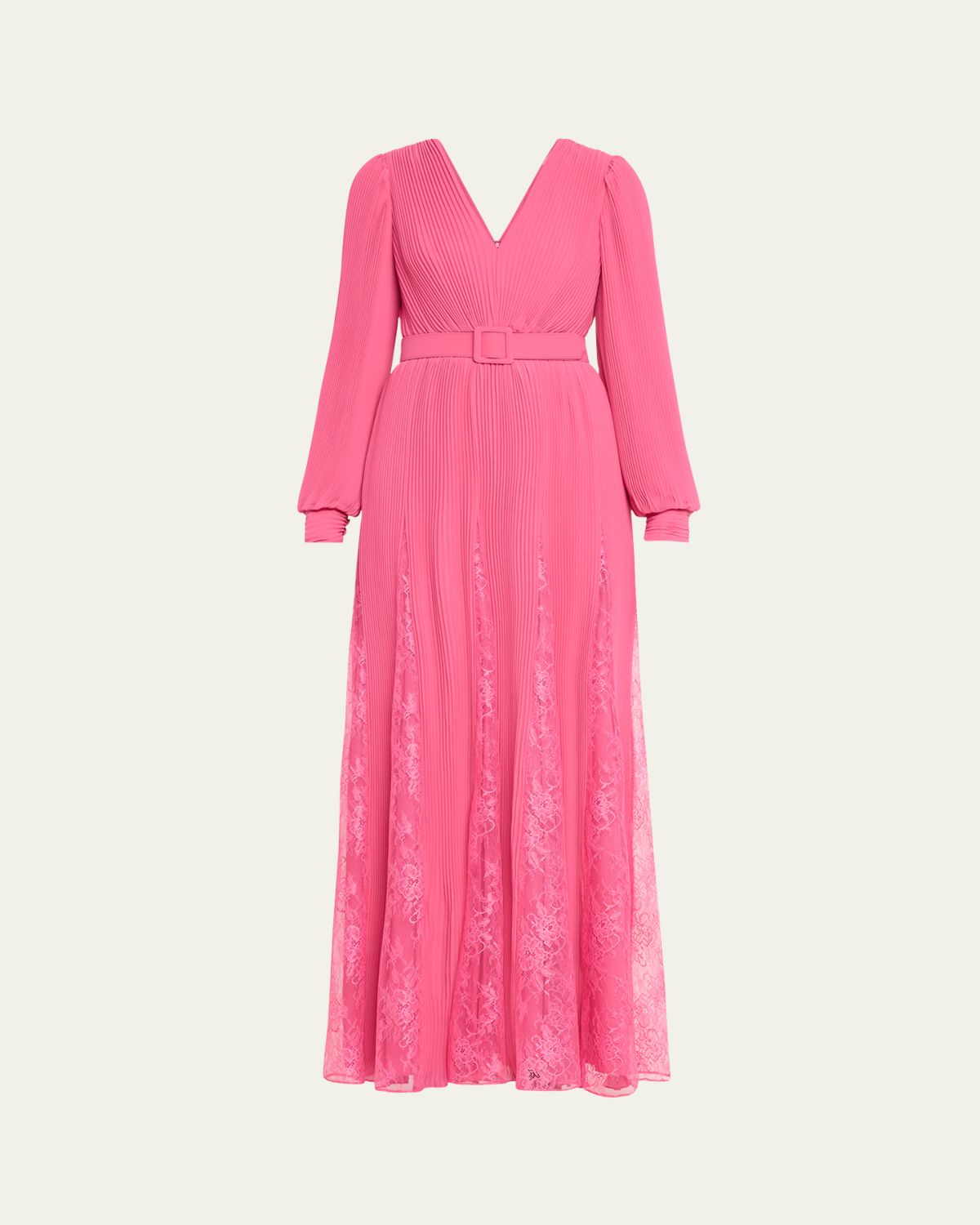 Badgley Mischka Collection Pleated Lace-Inset Godet Gown