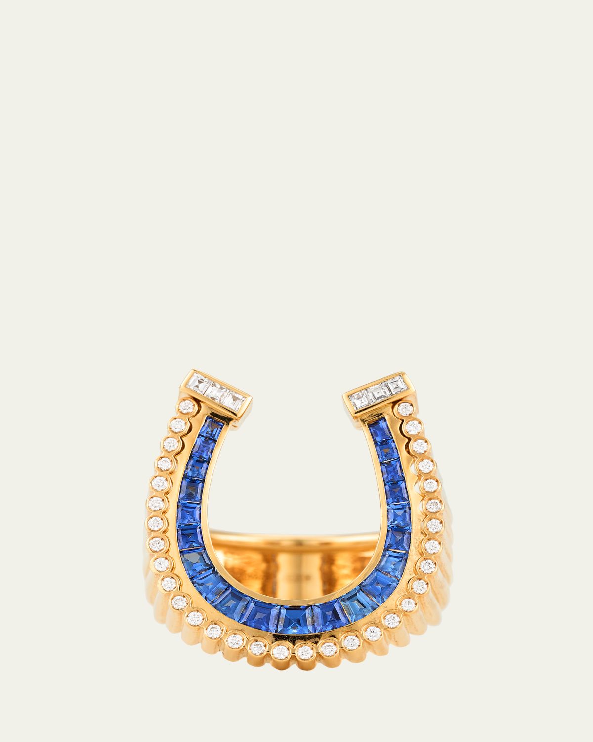 Marie Lichtenberg 18K Yellow Gold Horseshoe Statement Ring with Diamonds and Sapphires