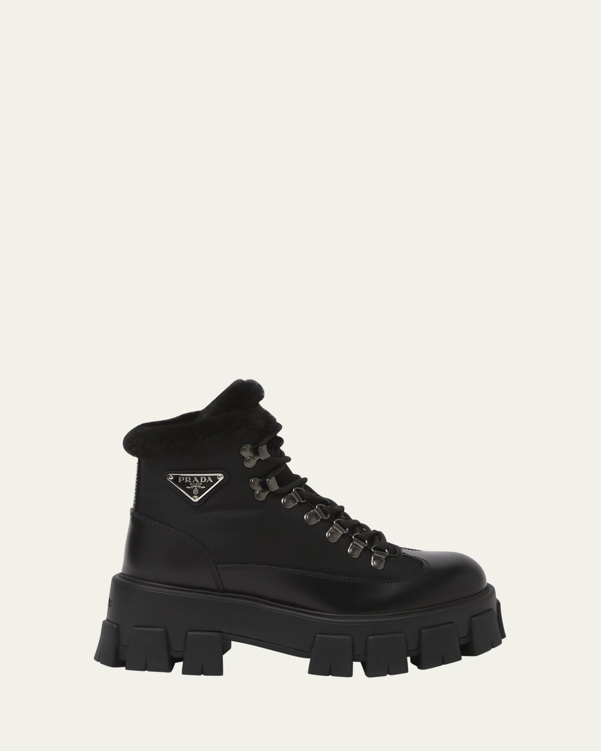 Prada Monolith Nylon Shearling Hiker Booties