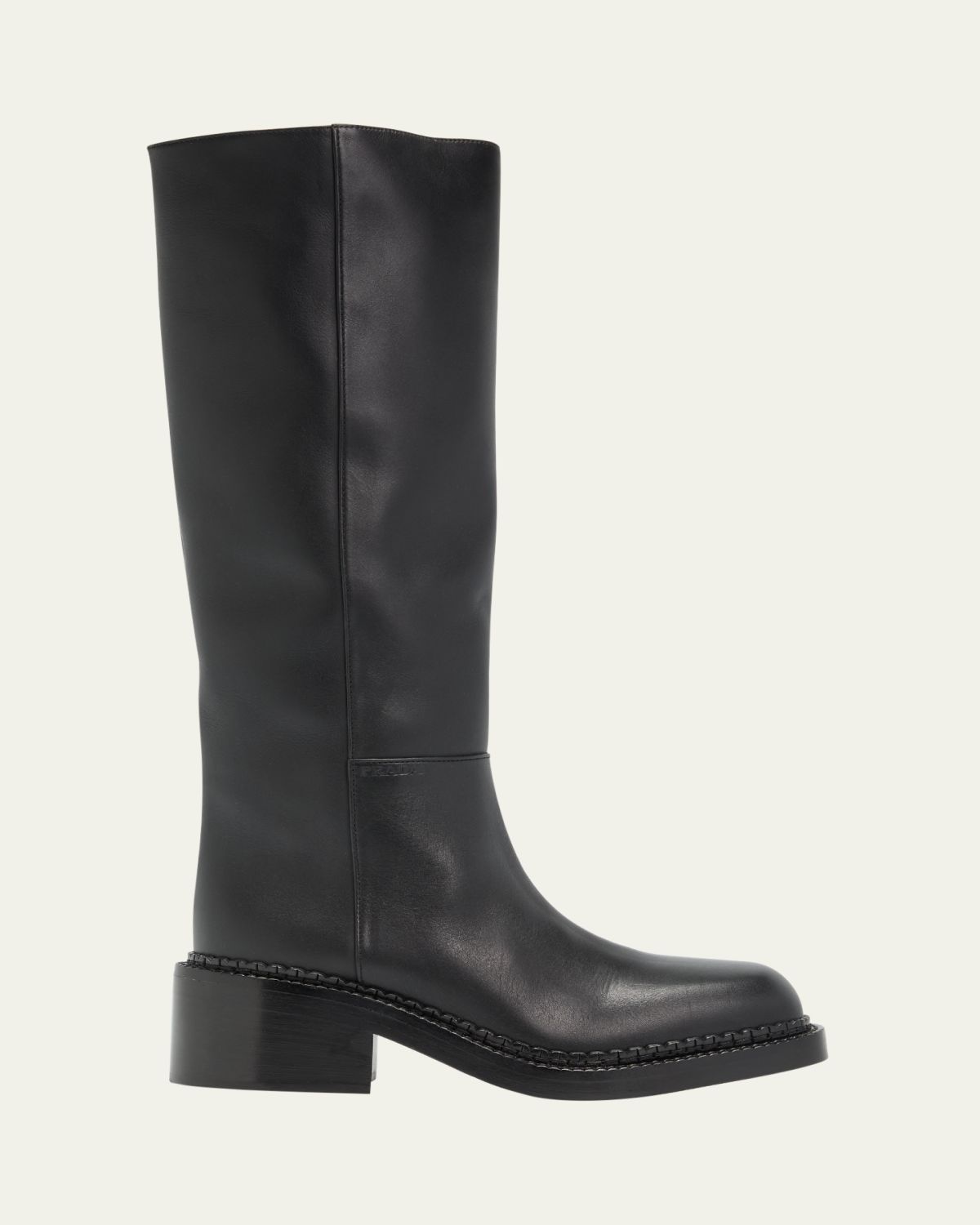 Prada Leather Square-Toe Tall Moto Boots