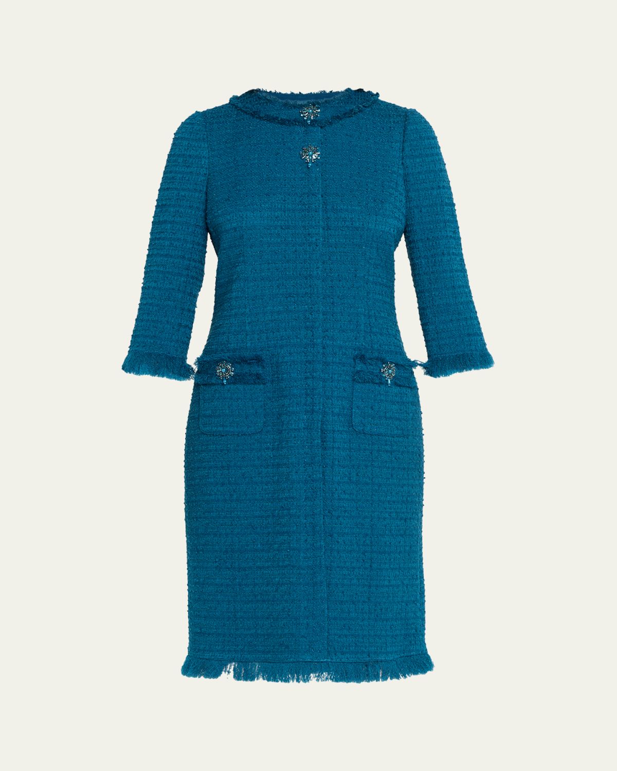 Rickie Freeman for Teri Jon Fringe-Trim Stretch Boucle Dress