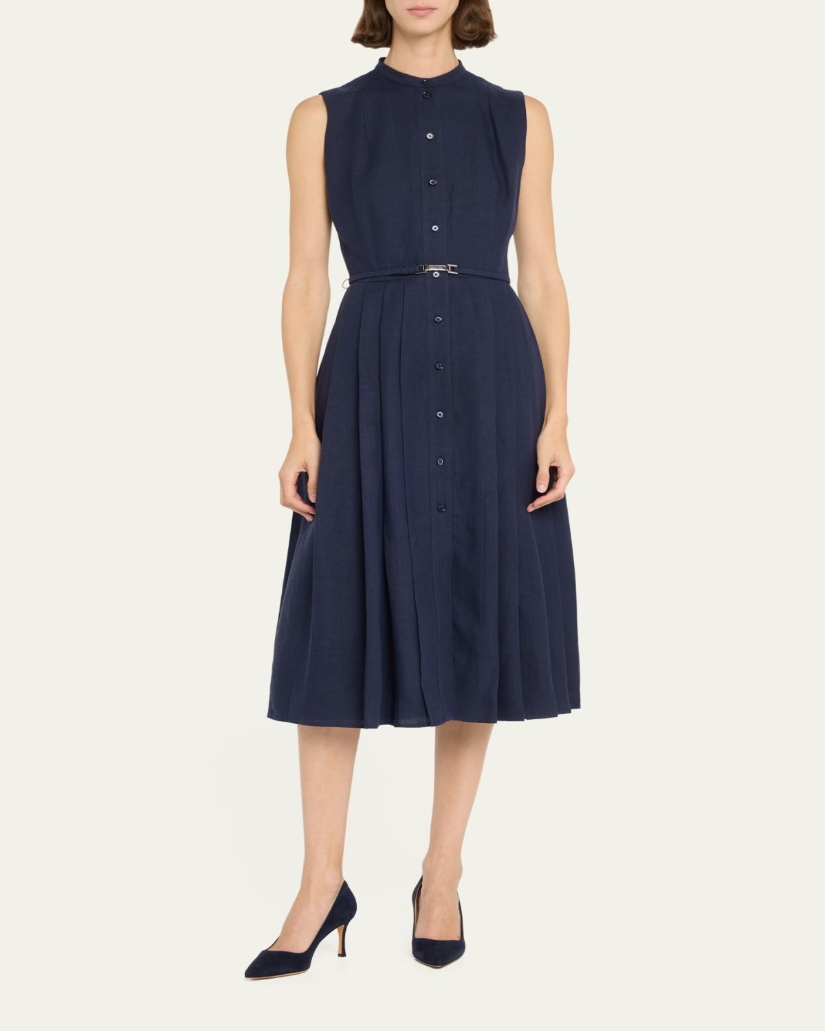 Ralph Lauren Collection Freida Pleated Leather Belt Midi Linen Dress | Thumbnail 2