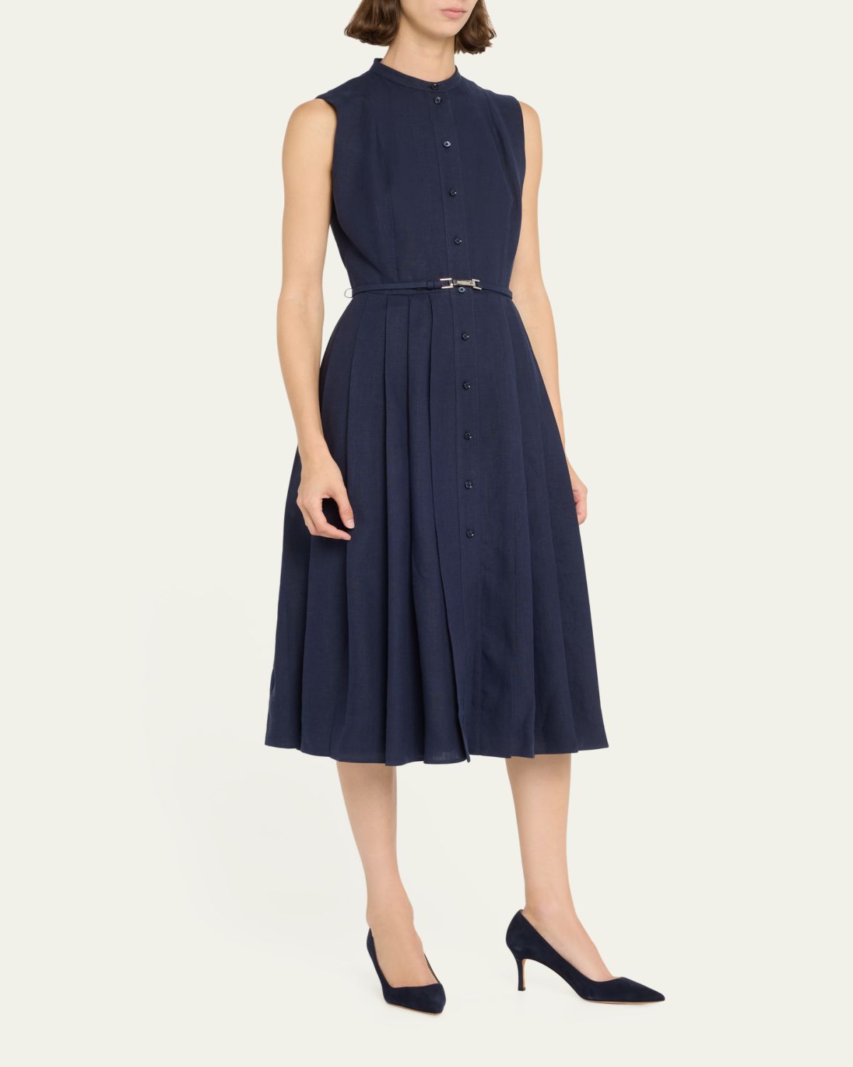 Ralph Lauren Collection Freida Pleated Leather Belt Midi Linen Dress | Thumbnail 4