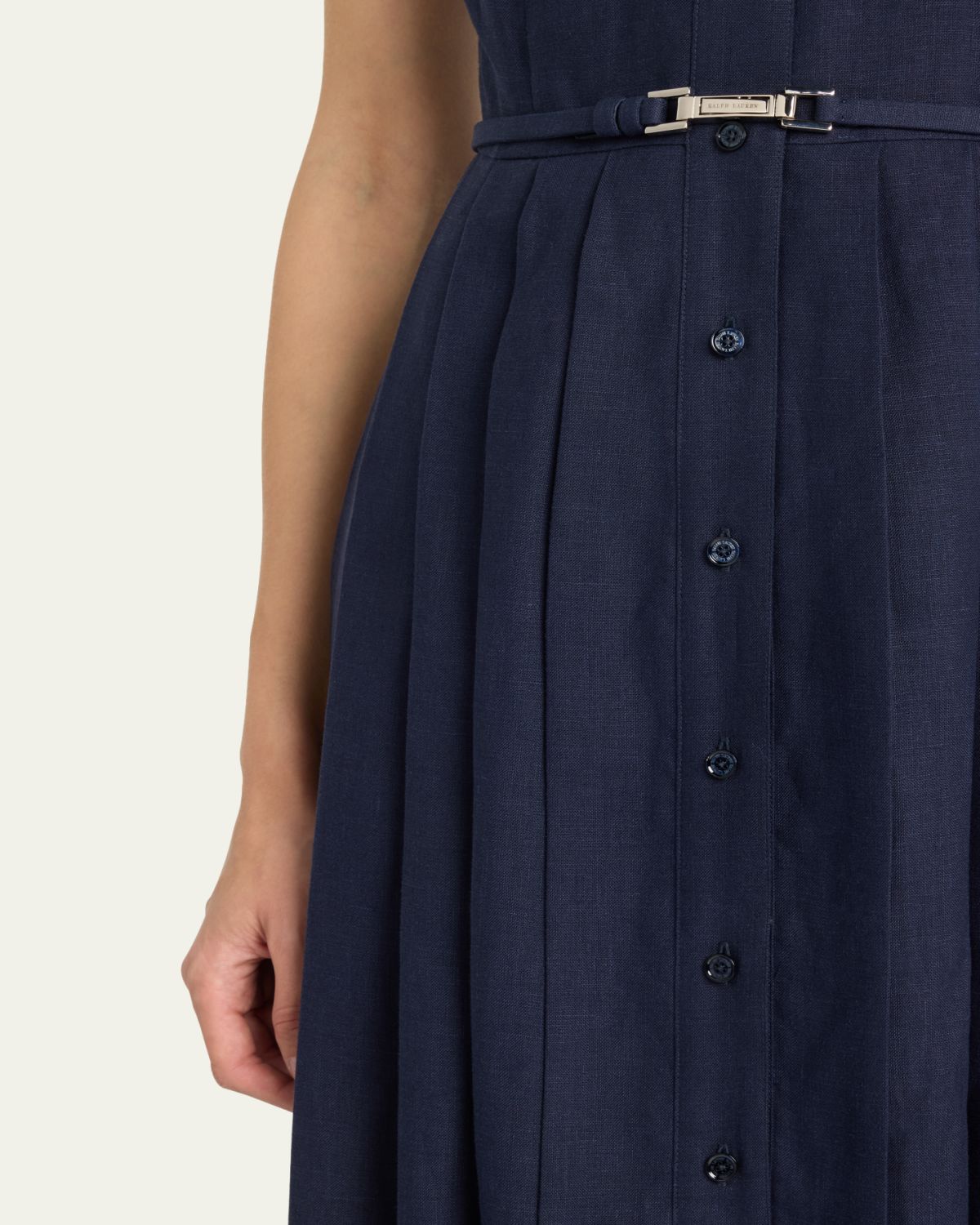 Ralph Lauren Collection Freida Pleated Leather Belt Midi Linen Dress | Thumbnail 5