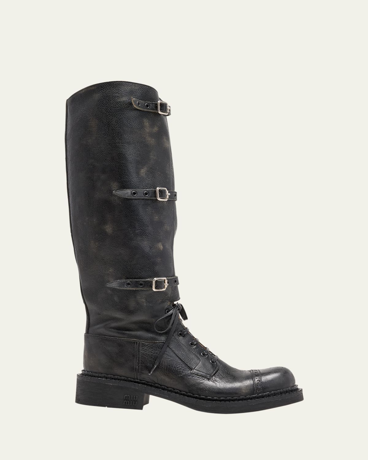 Miu Miu Antic Buckle Distressed Leather Knee-High Boots