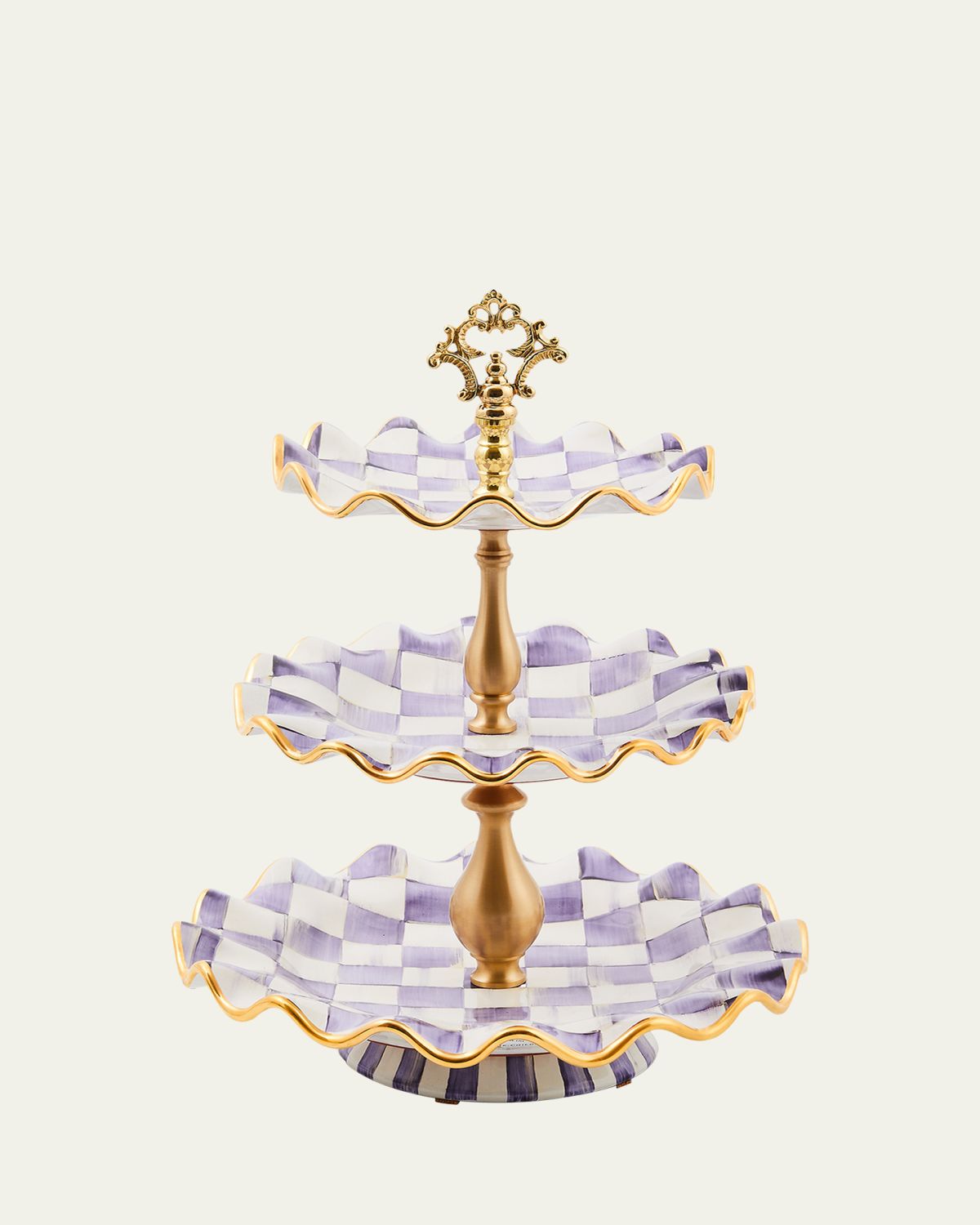 MacKenzie-Childs Violet Check Fluted Ceramic Three-Tier Sweet Stand