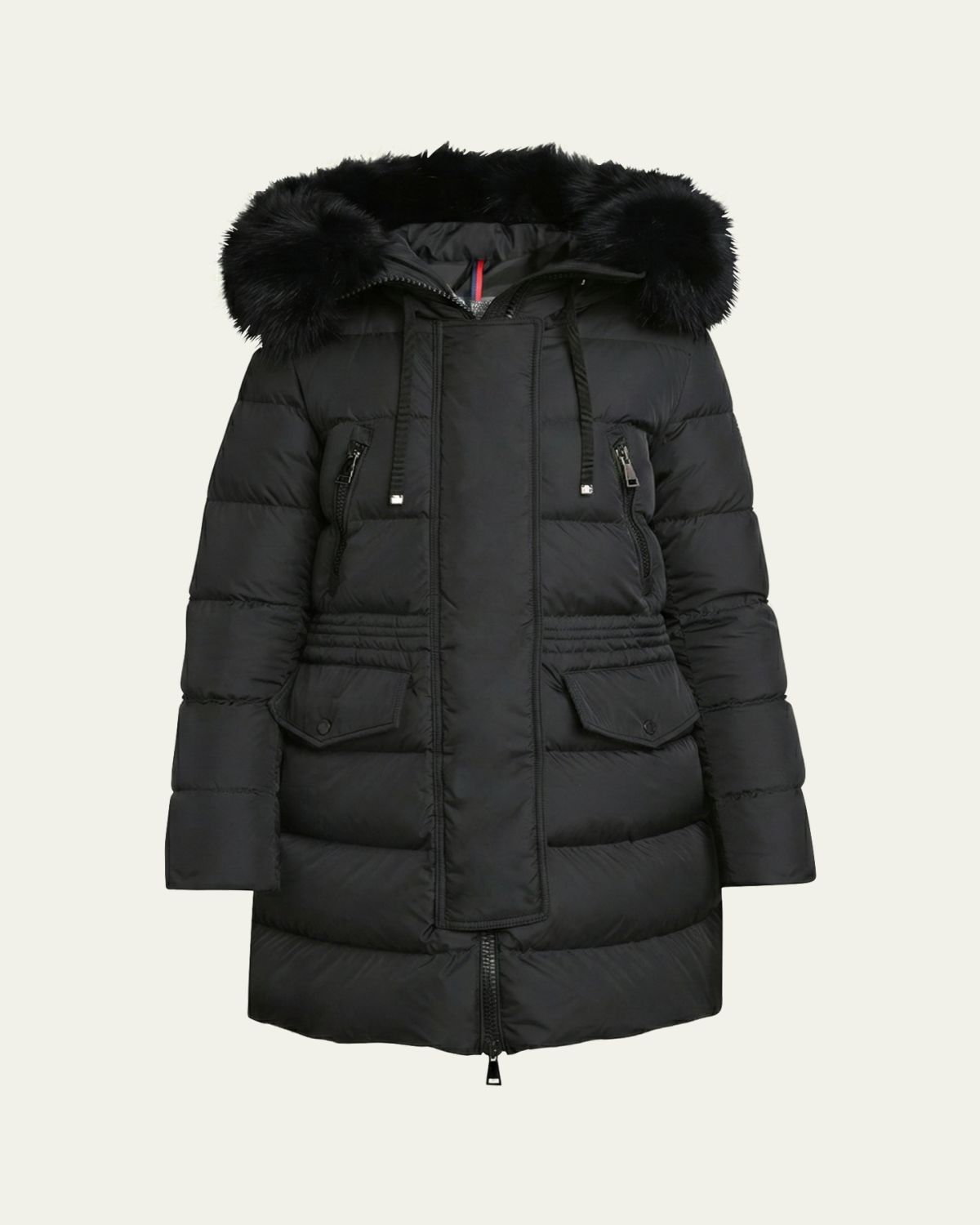 Moncler Aphroti Mid-Length Puffer Jacket with Shearling Hood Trim