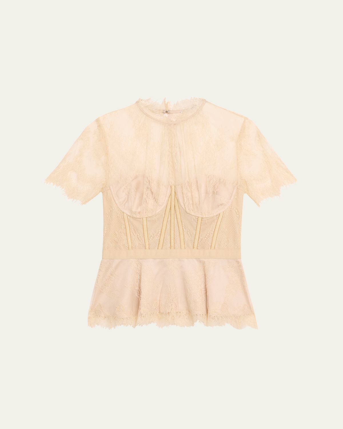 SIMKHAI Kehlani Sheer Lace Short-Sleeve Peplum Bustier Top