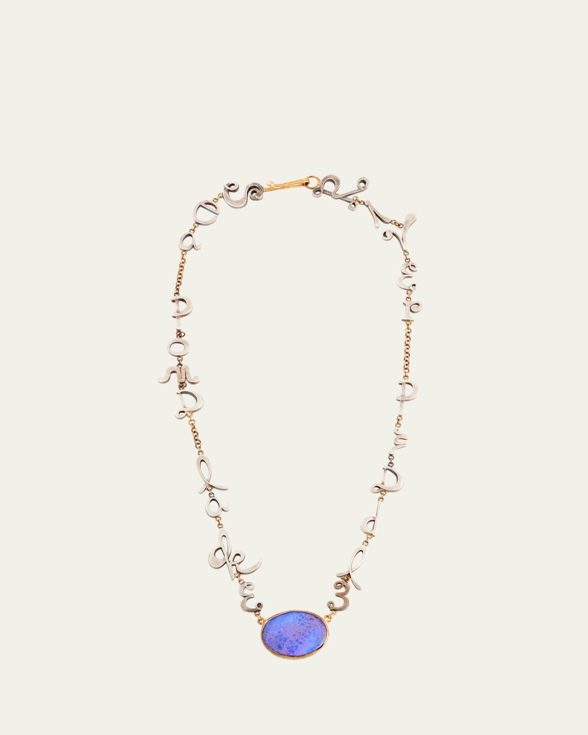 JUDY GEIB 18K Yellow Gold and Silver Sea Pond Lake Script Necklace with Blue Opal, 16"L