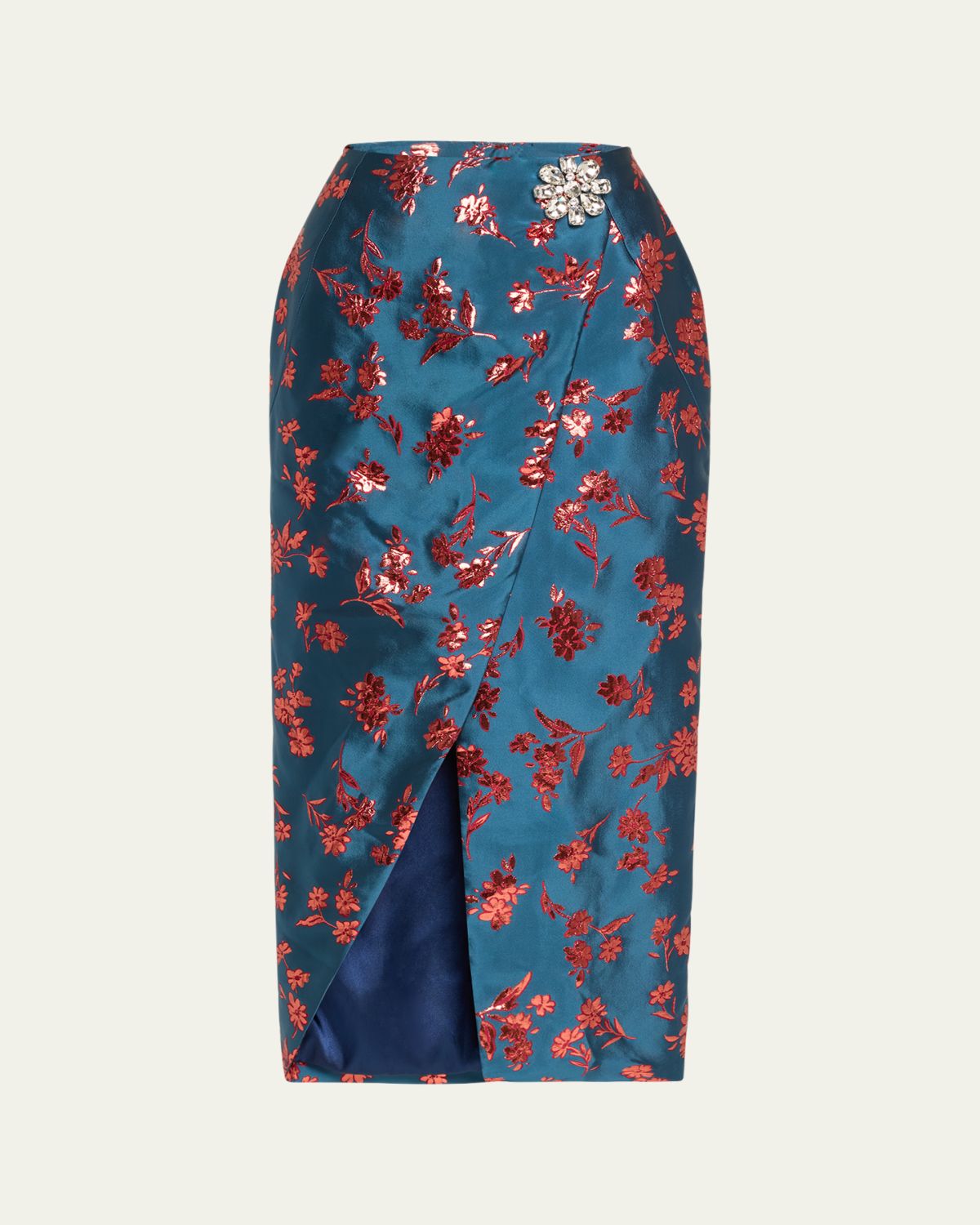 HARBISON Arista Wrap-Front Satin Brocade Midi Skirt