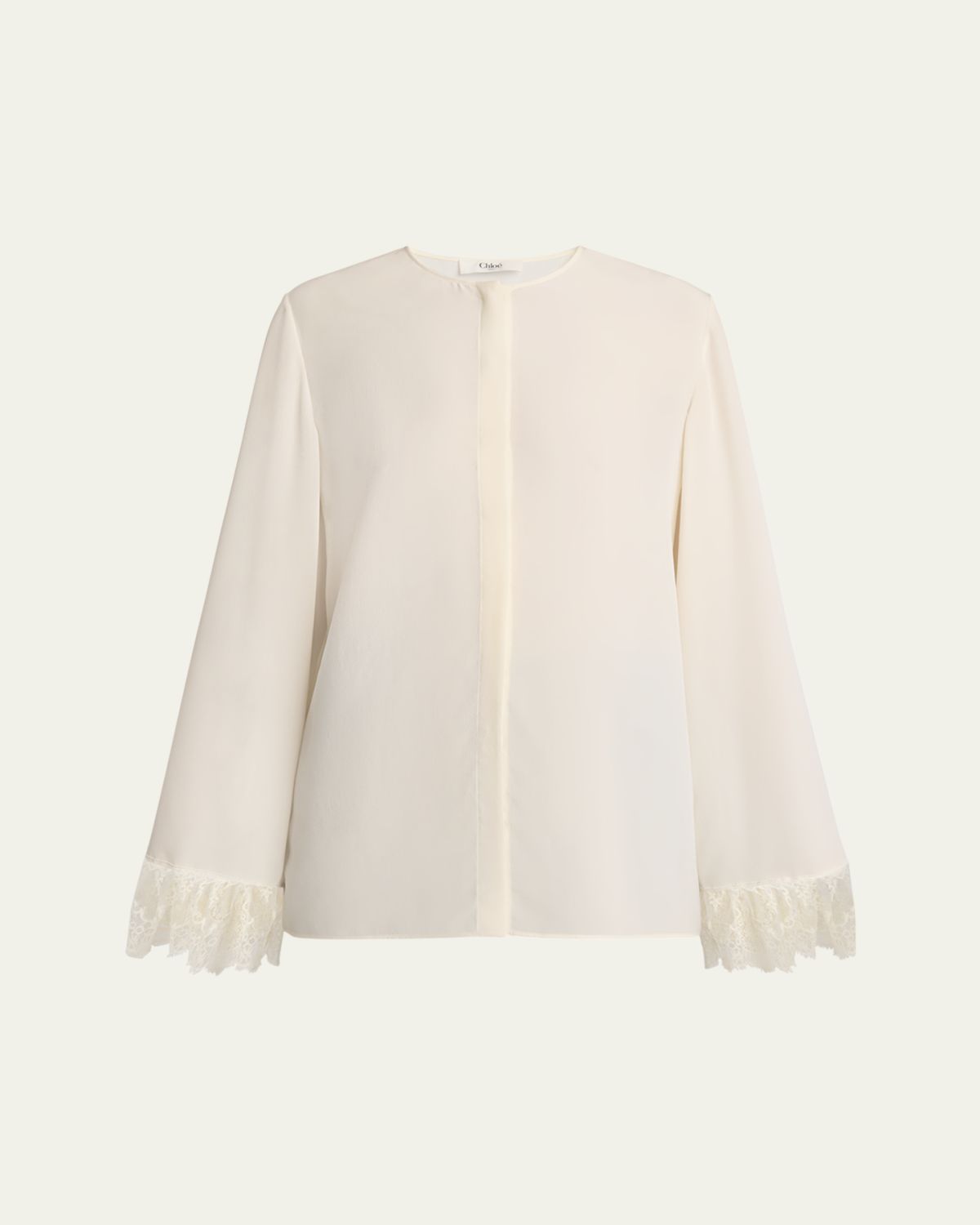 Chloe Button Down Crepe De Chine Top with Lace Sleeves